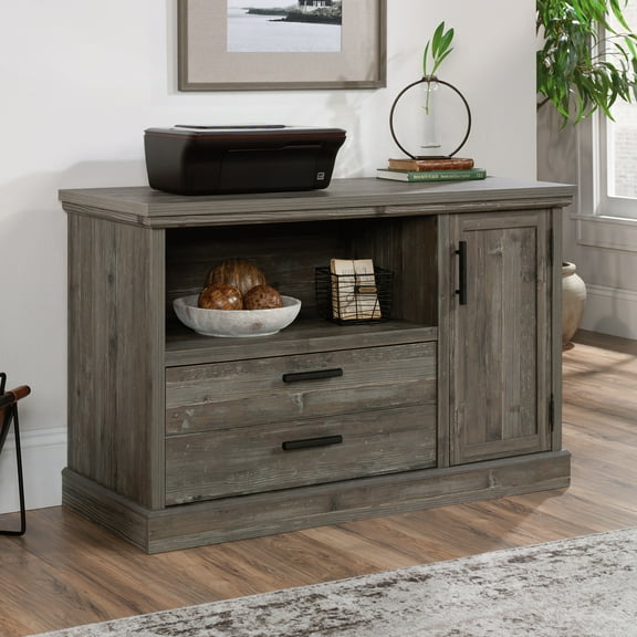 Sauder Aspen Post Engineered Wood Credenza in Pebble Pine/Brown