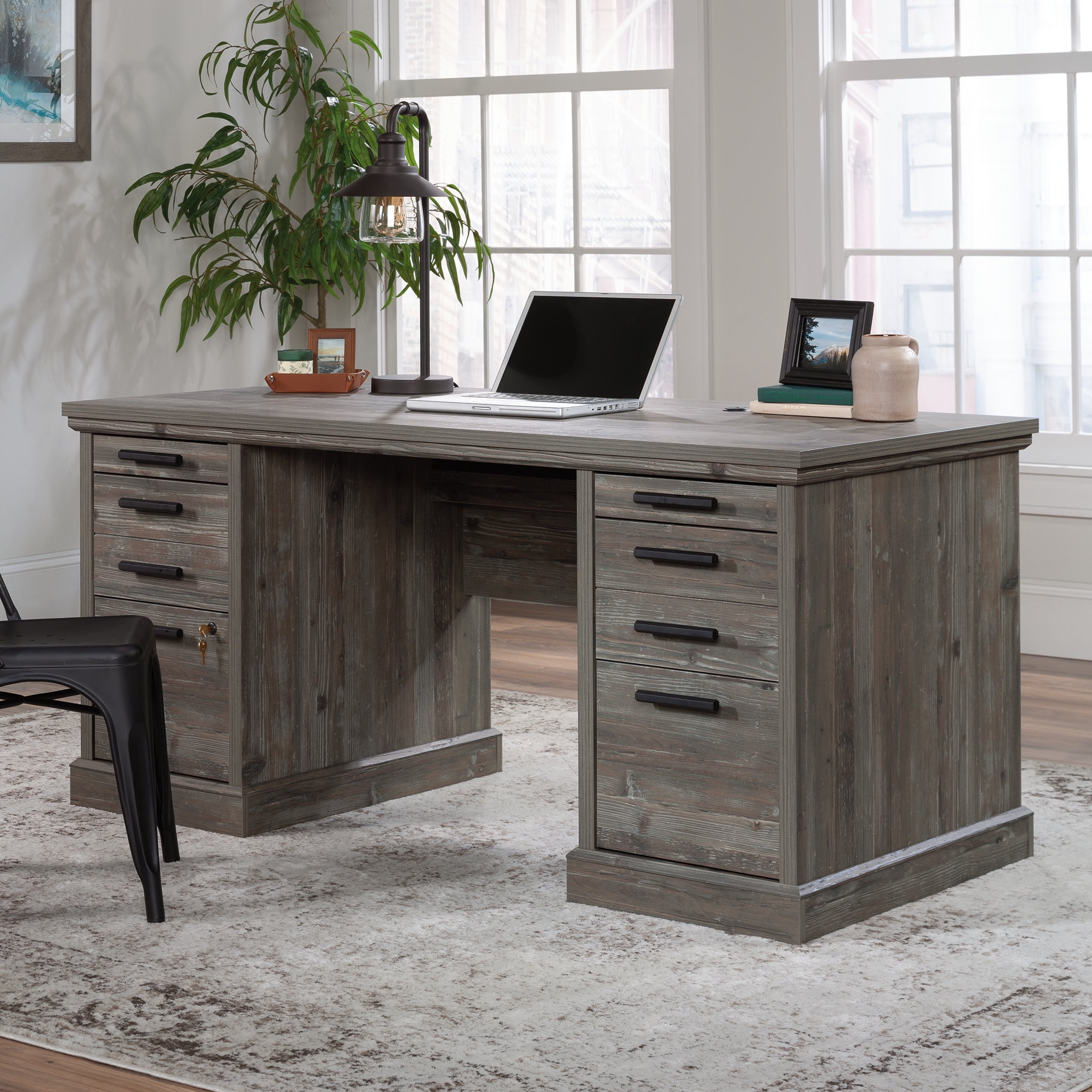 Aspen Post Pebble Pine Executive Desk with Dual Filing Cabinets