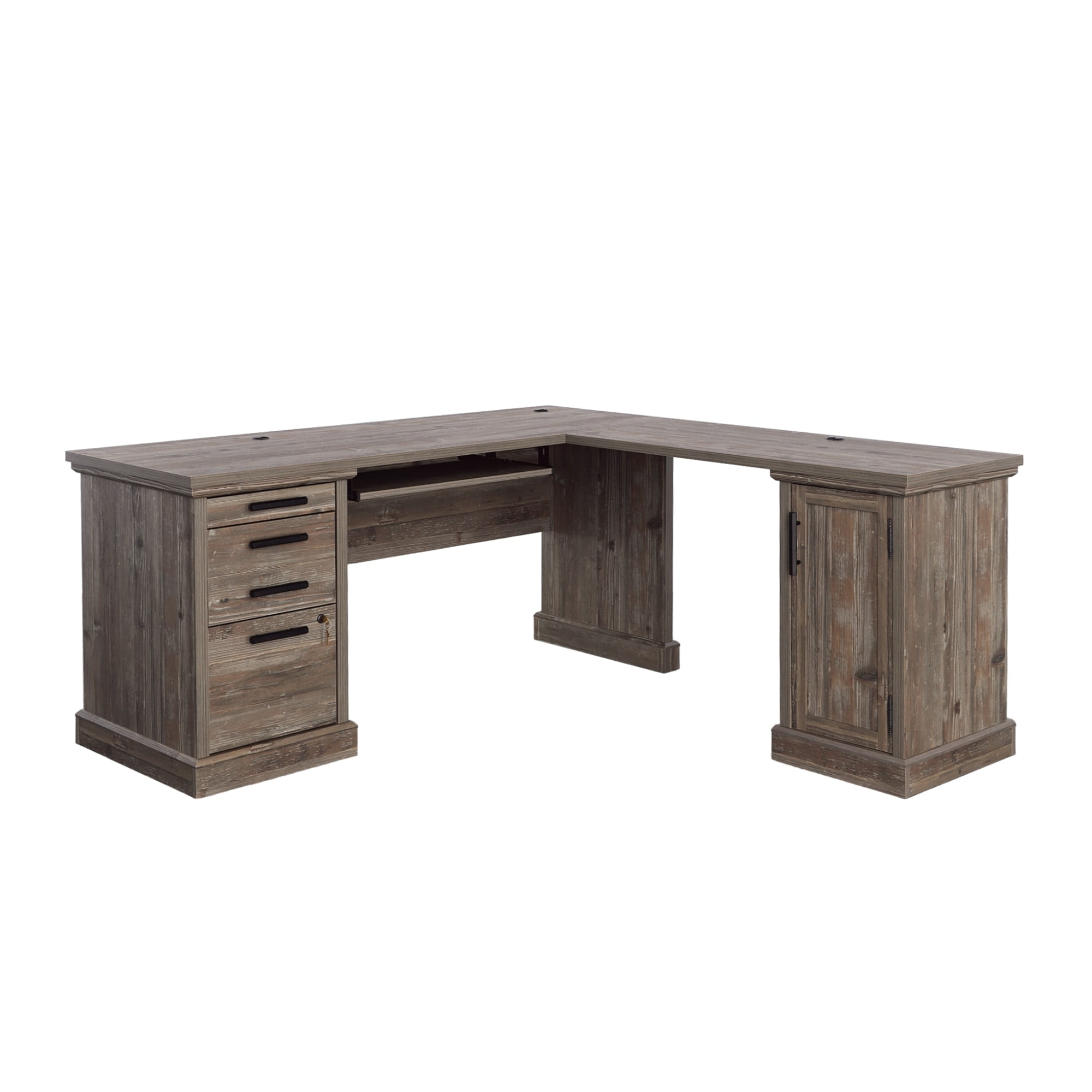 66" Brown Wood L-Shaped Desk with Drawers and Keyboard Tray