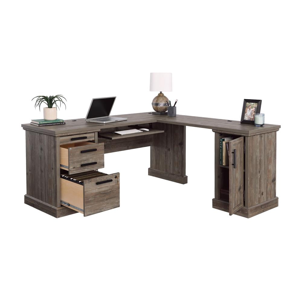 66" Brown Wood L-Shaped Desk with Drawers and Keyboard Tray