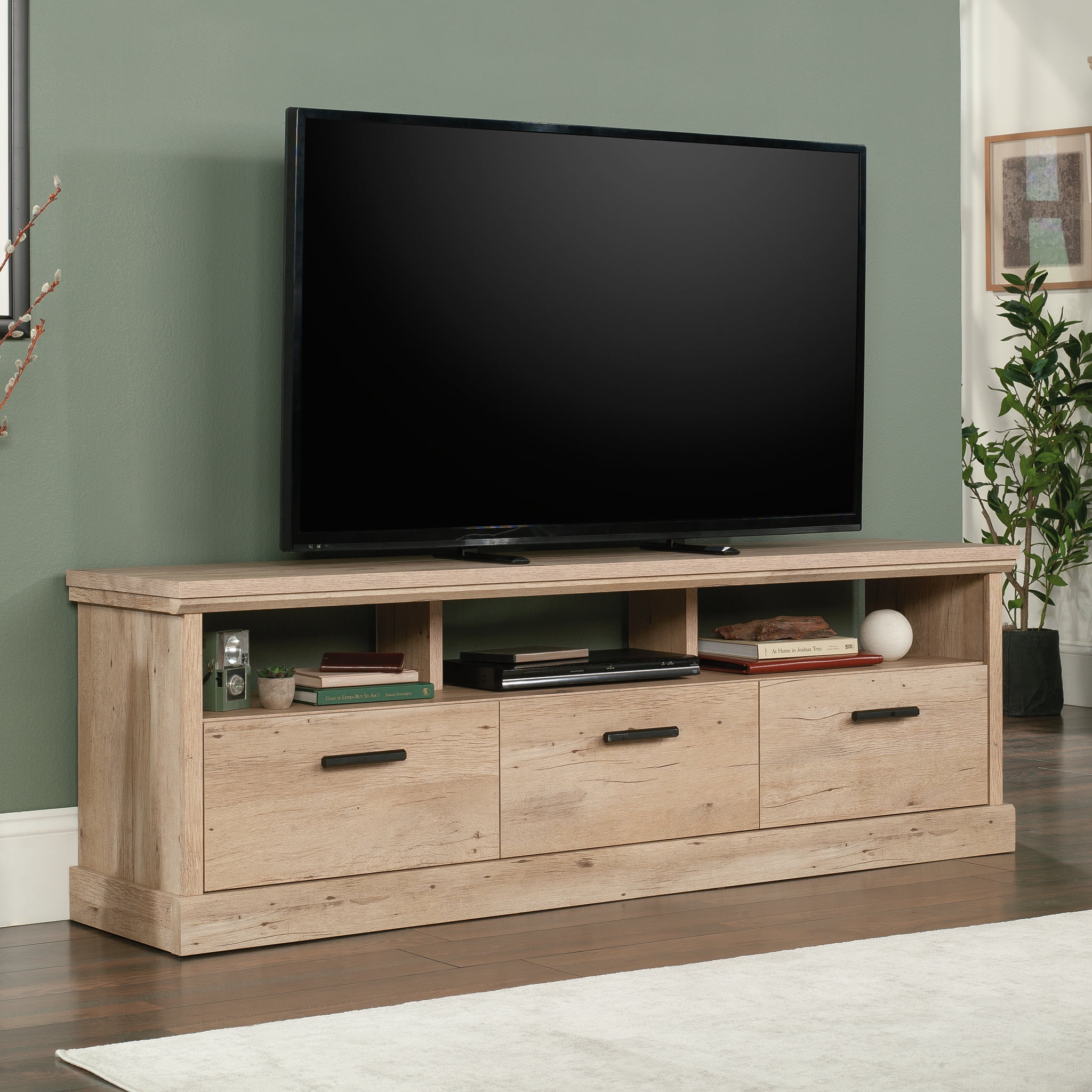 Prime Oak 70" Entertainment Credenza with Drawers and Cubbies