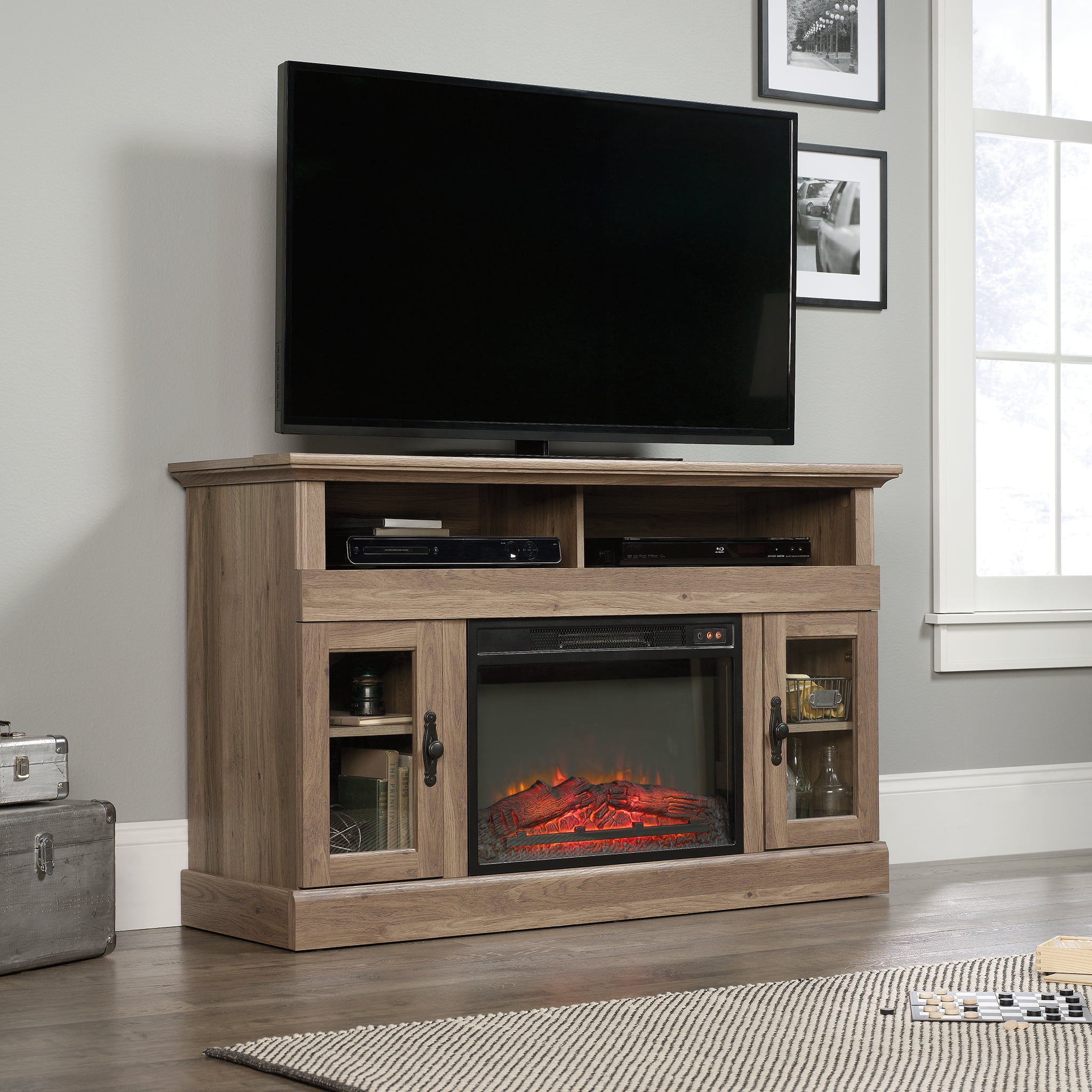 Sauder Barrister Lane Fireplace TV Stand, for TVs up to 60", Salt Oak Finish