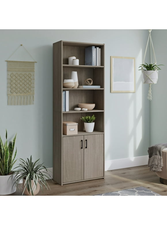 Sauder Beginnings Bookcase With Doors, Silver Sycamore Finish