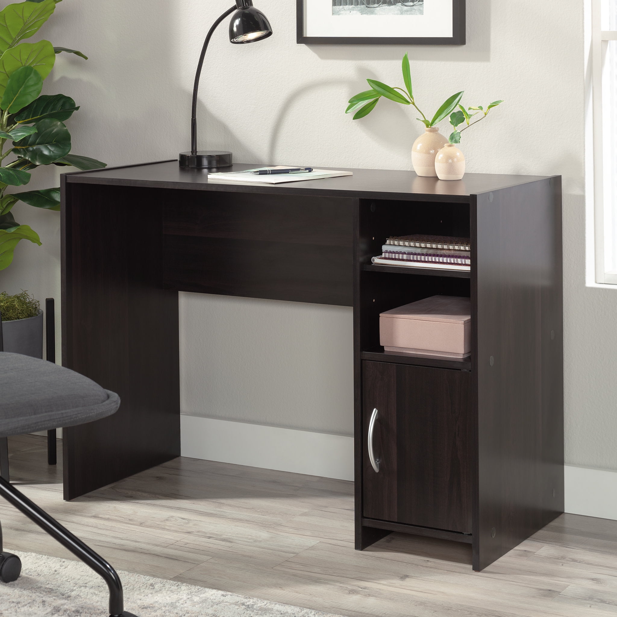 Sauder Beginnings Computer Desk with Side Shelves Cabinet in Cinnamon Cherry
