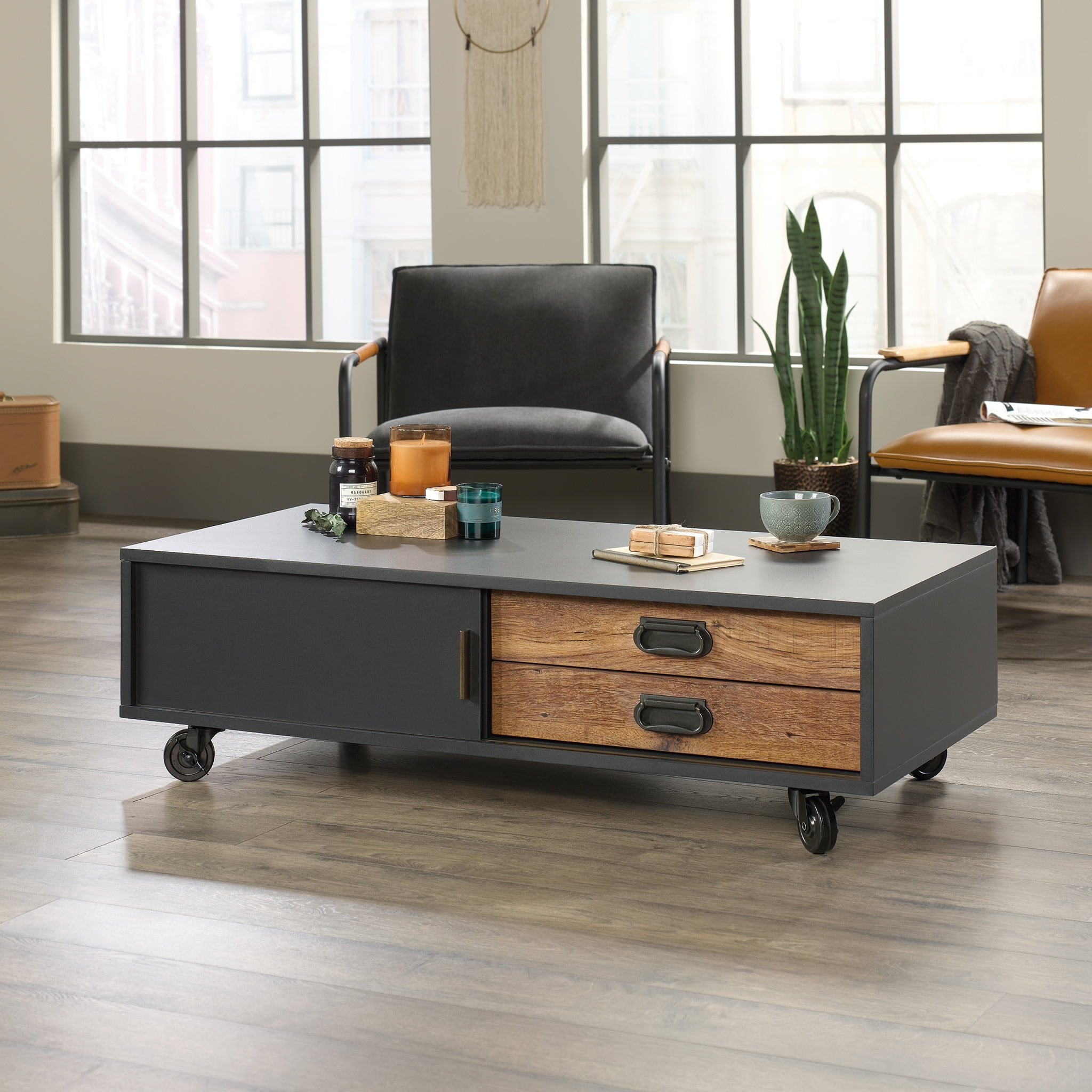 Rectangular Black and Vintage Oak Wood Coffee Table with Storage