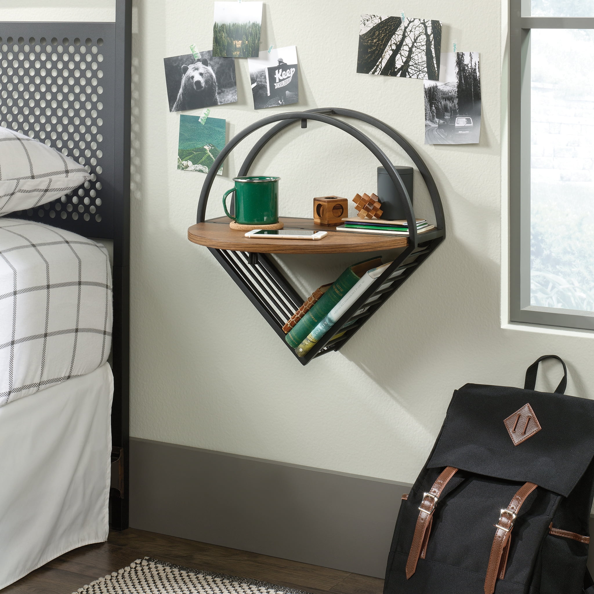 Black and Vintage Oak Wall-Mounted Hanging Nightstand with Flip-Down Shelf