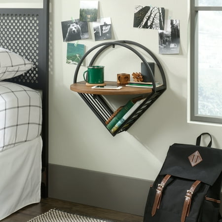 Sauder Wall Mounted Nightstand – Vintage Oak & Black Metal Shelf