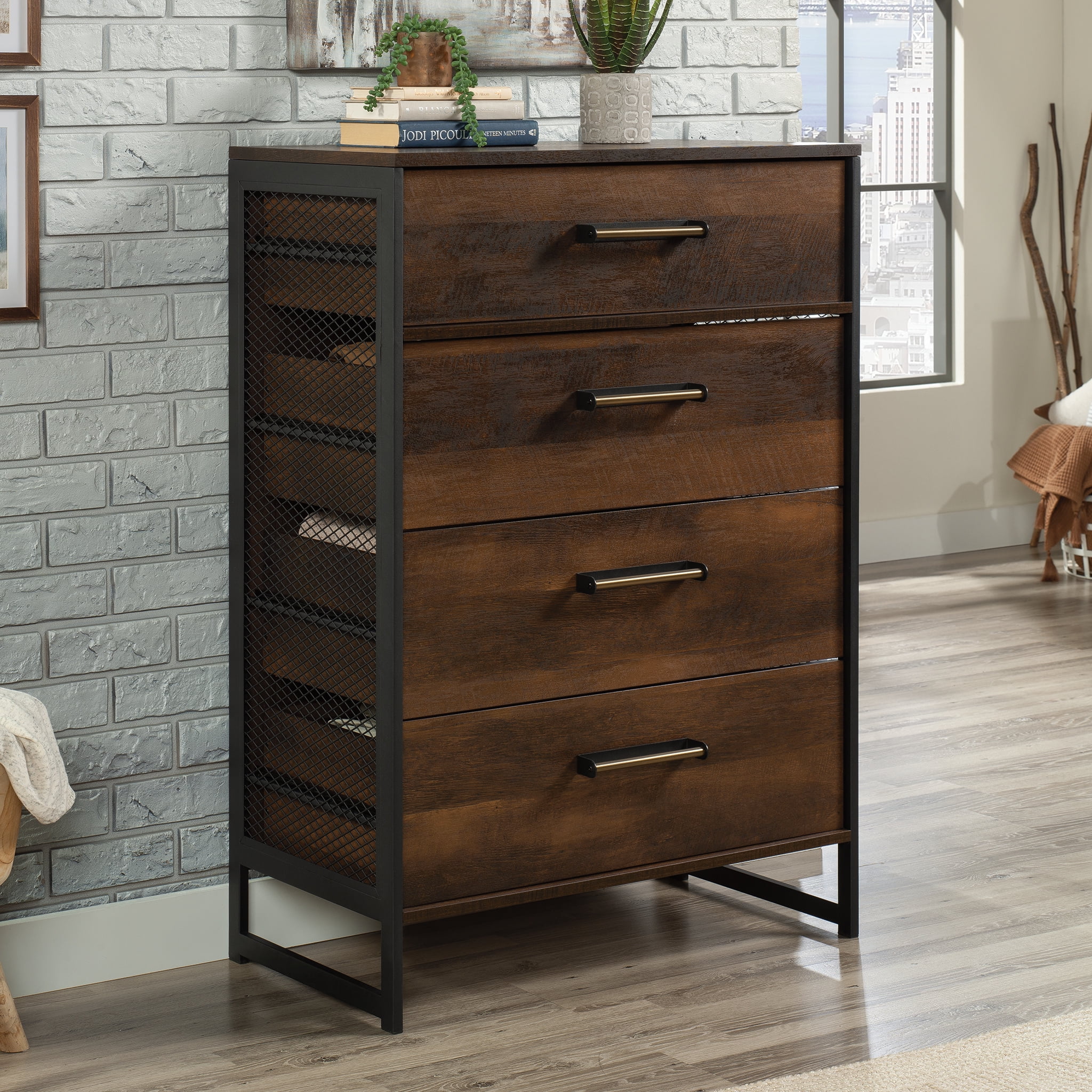 Barrel Oak 4-Drawer Vertical Dresser with Metal Frame