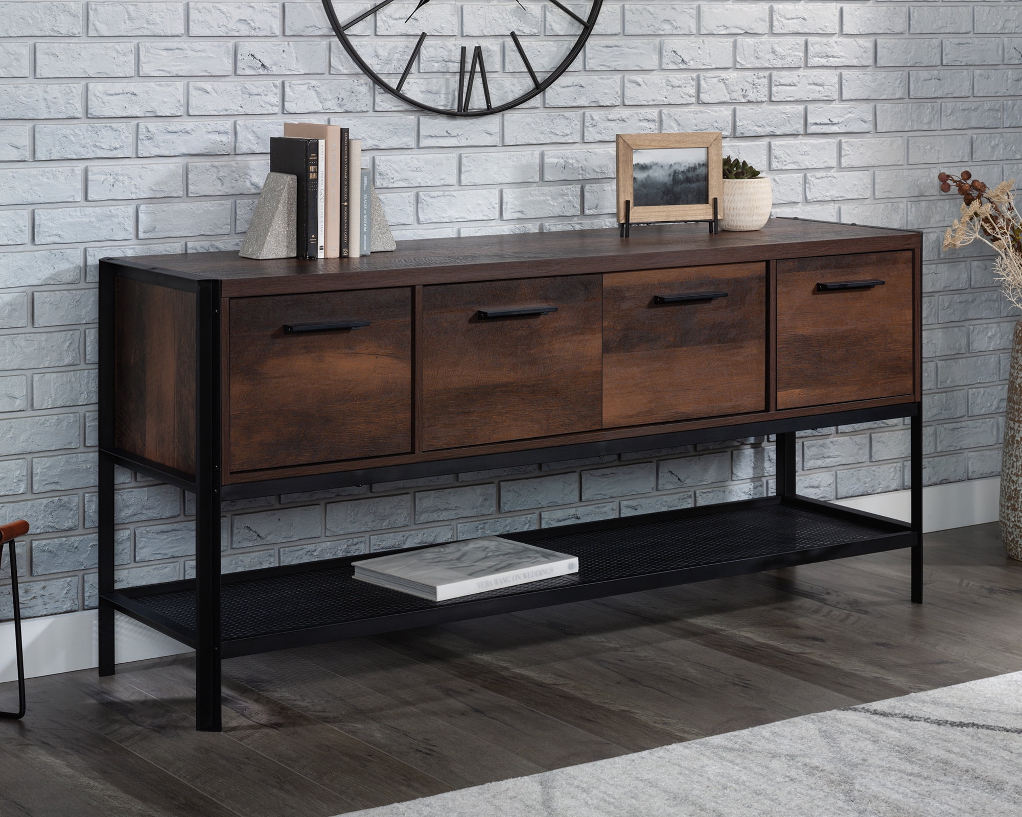 Barrel Oak and Black Metal 2-Drawer Office Credenza