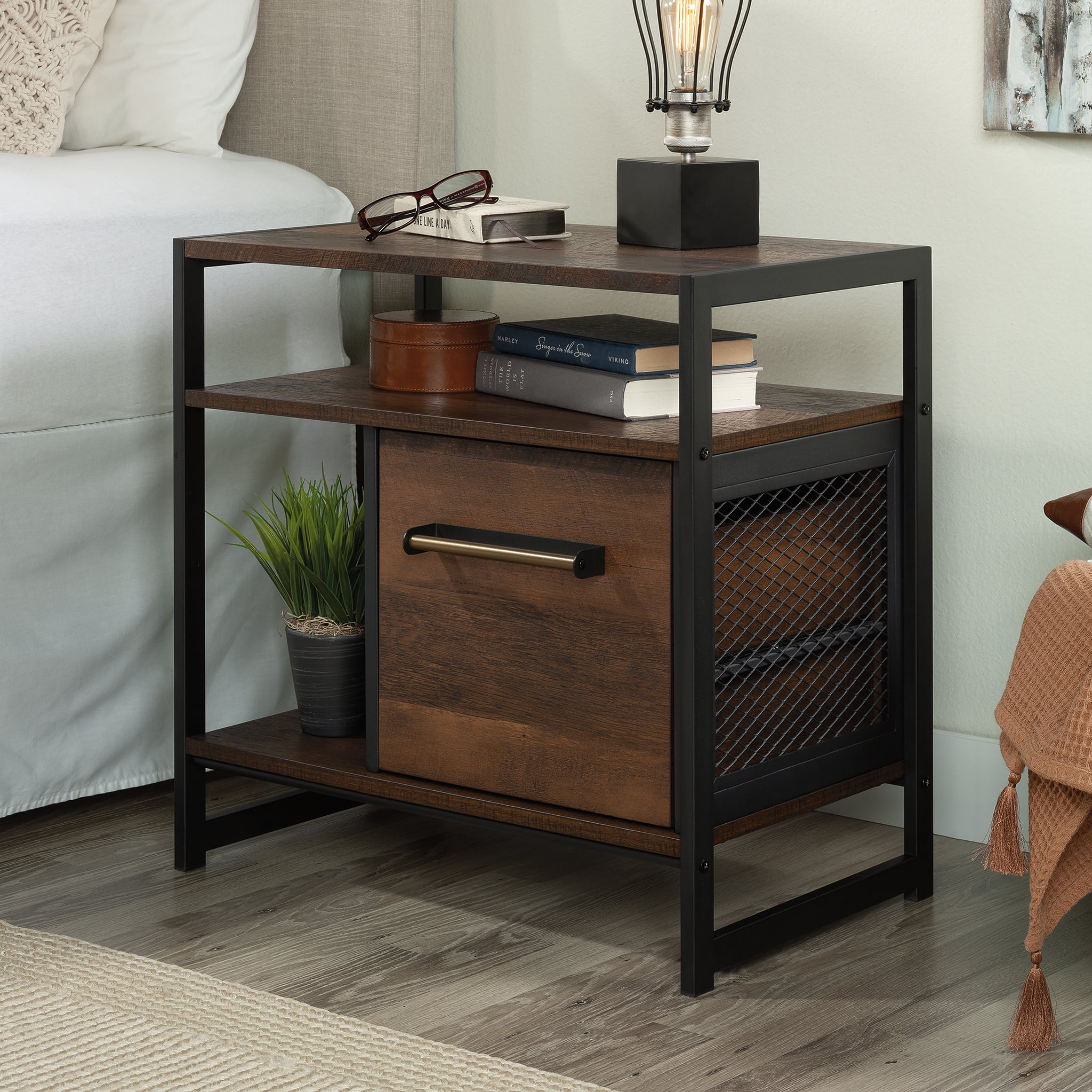 Barrel Oak and Metal Frame Nightstand with Drawer