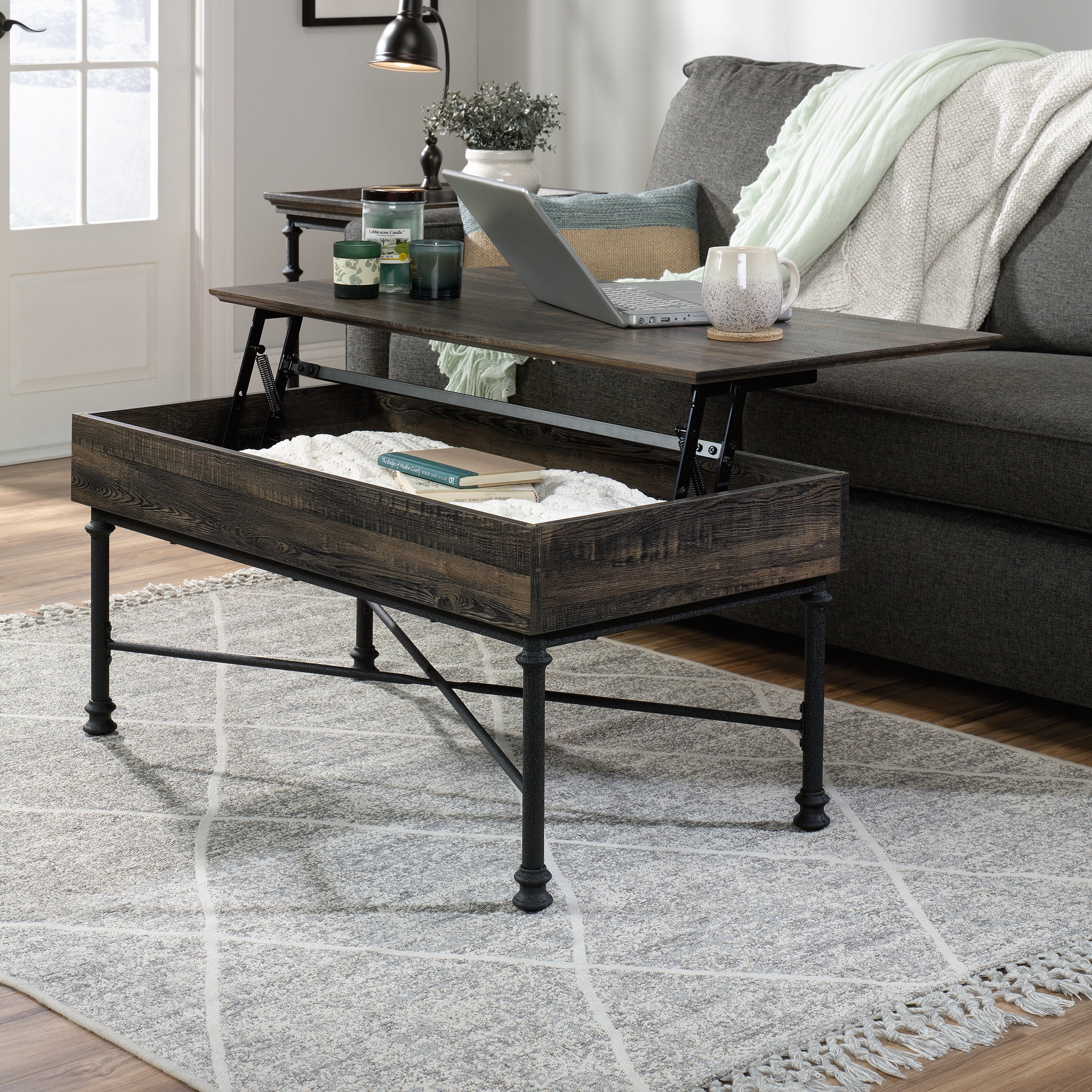 Sauder Canal Street Industrial Lift-Top Coffee Table with Storage, Carbon Oak Finish