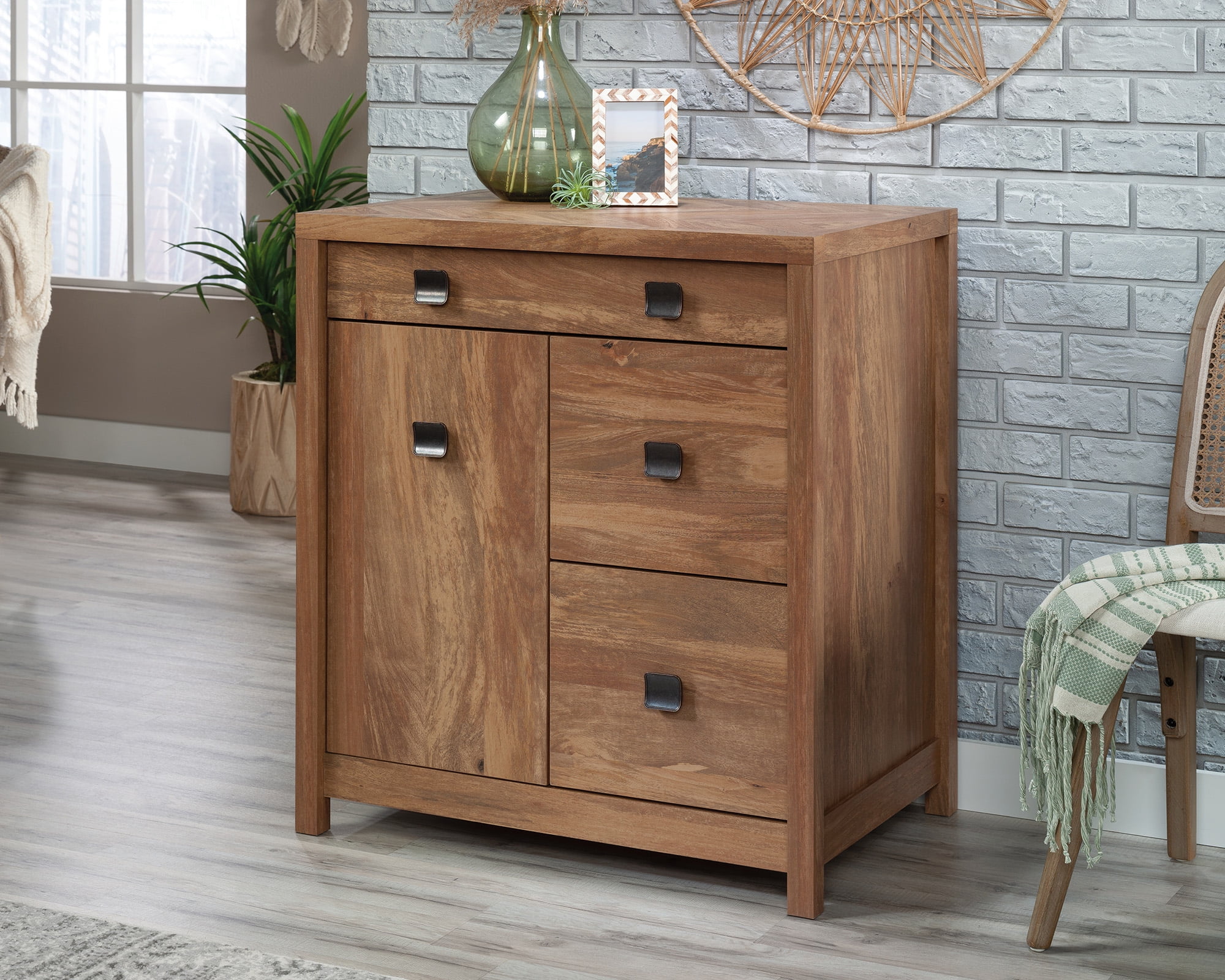 Small Brown Wood Credenza with Drawers and Keyboard Tray