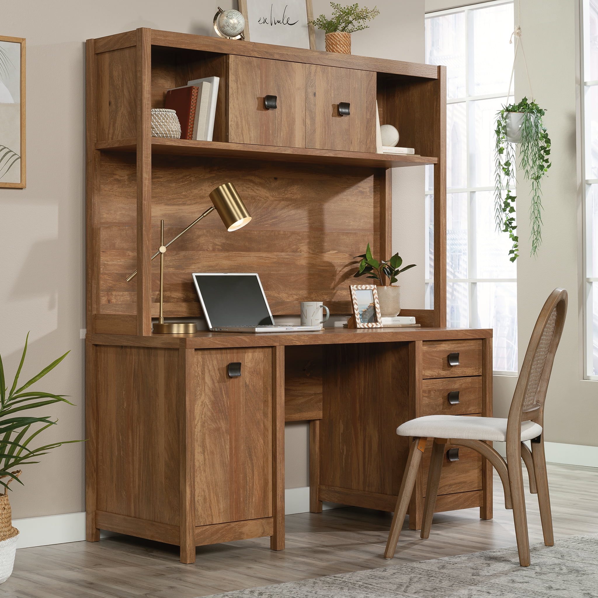 60" Sindoori Mango MDF Desktop Hutch with Sliding Doors