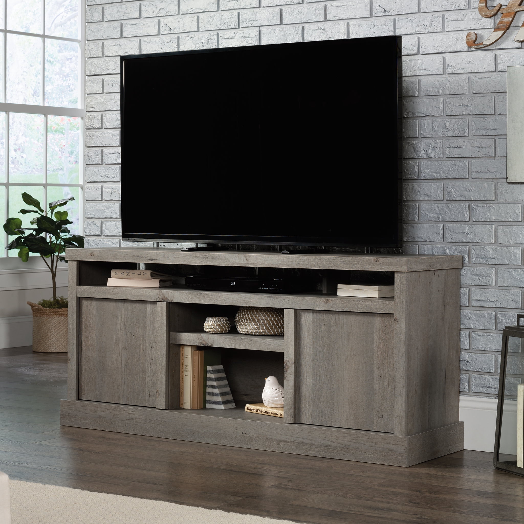 Mystic Oak TV Stand with Adjustable Shelves and Cabinet