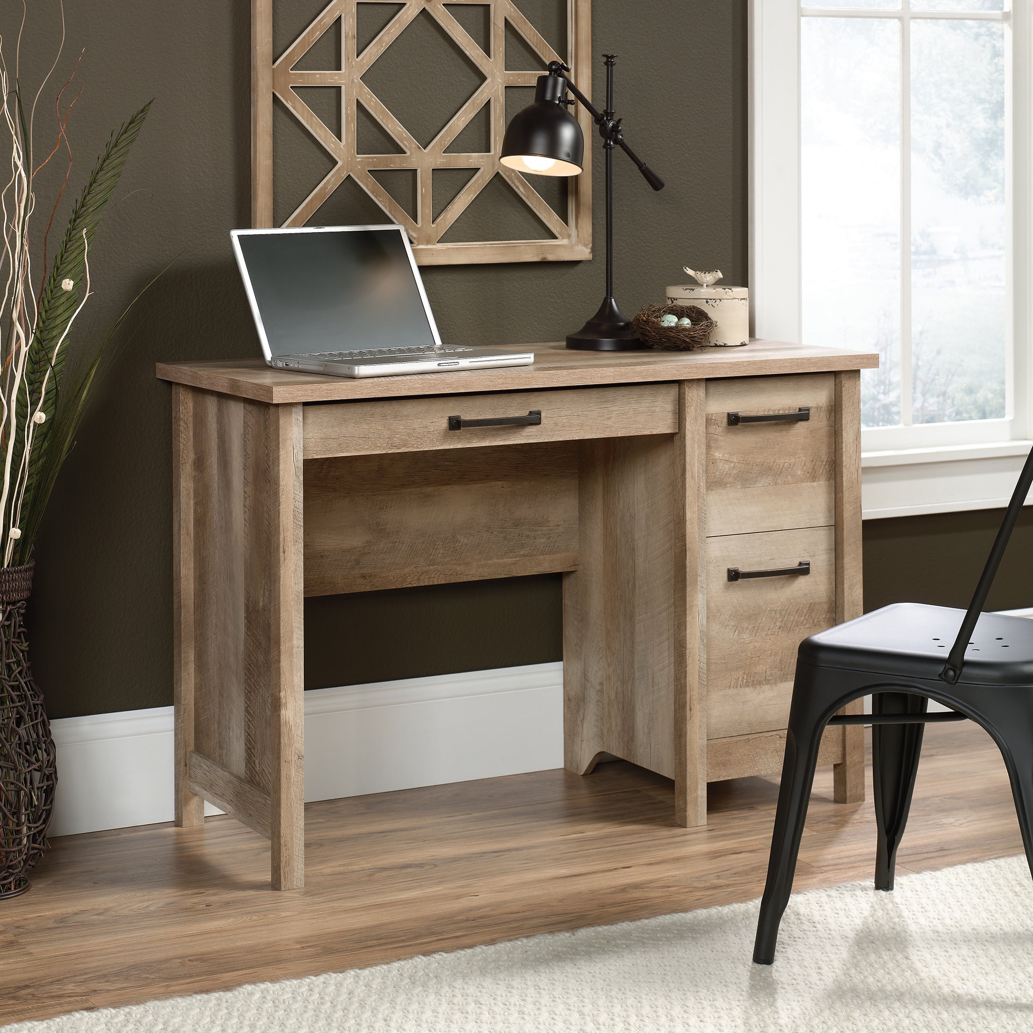 Rustic-Inspired Lintel Oak Finish Writing Desk with Drawer and Filing Cabinet