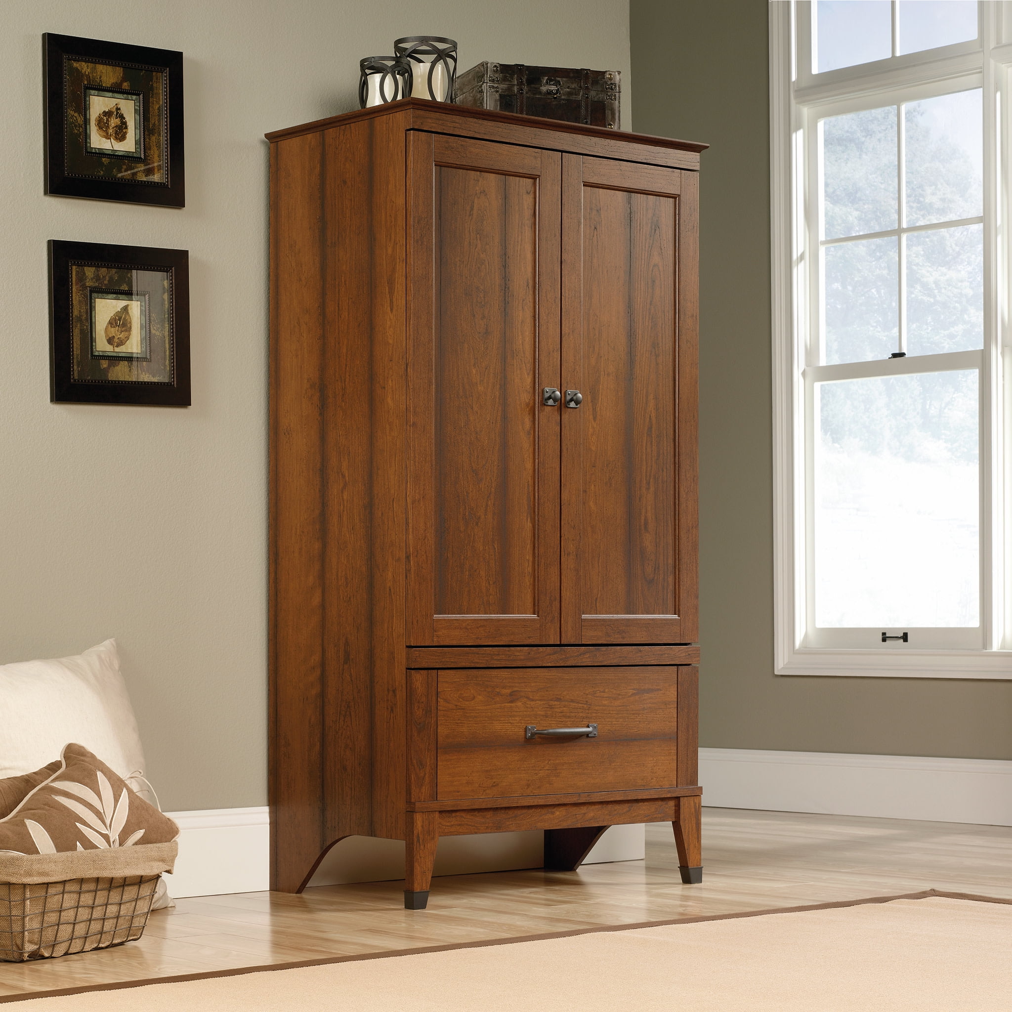 Sauder Palladia Wardrobe Armoire with Hanging Rod and Storage Drawer Select Cherry Finish Walmart