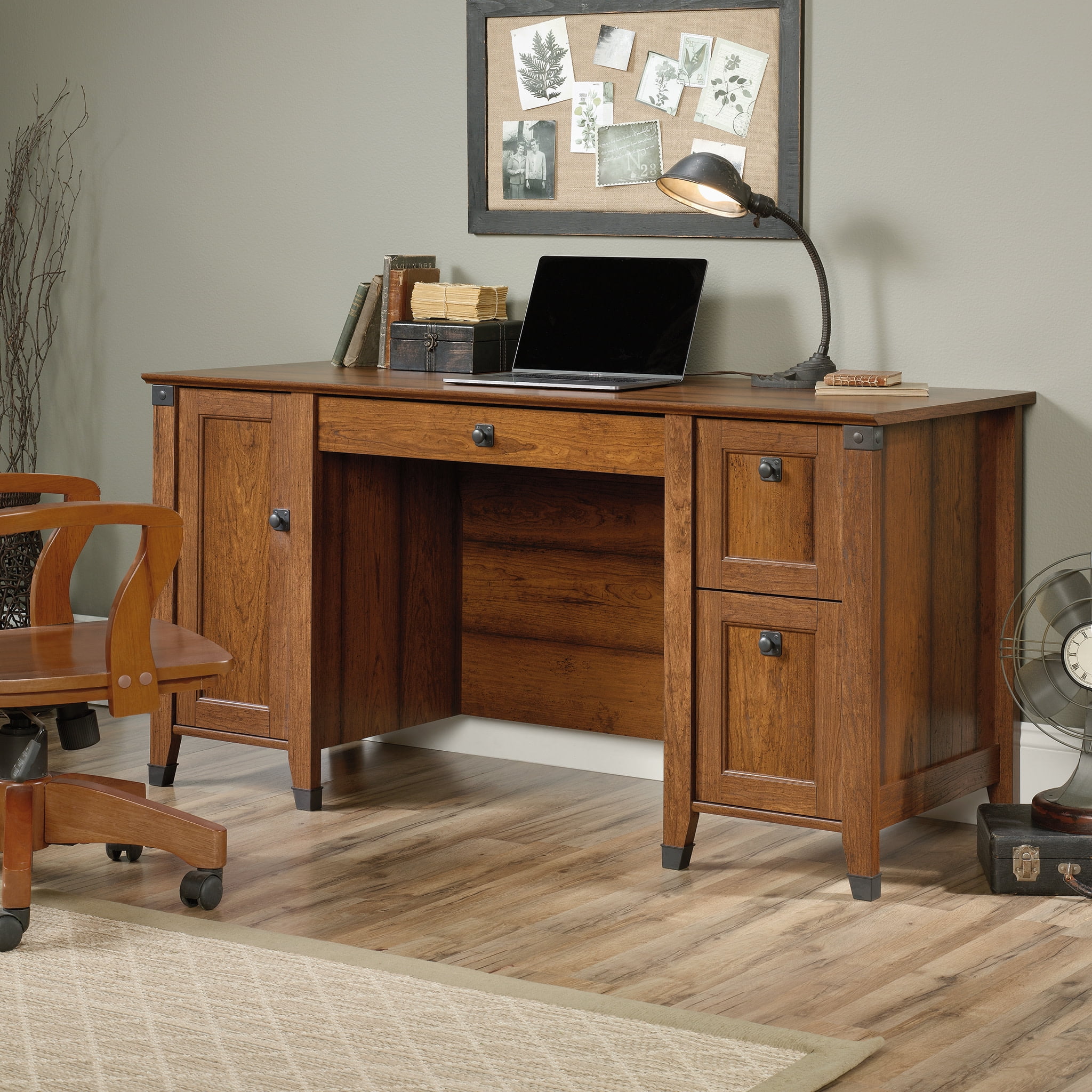Rustic Washington Cherry Executive Workstation with Filing Cabinet