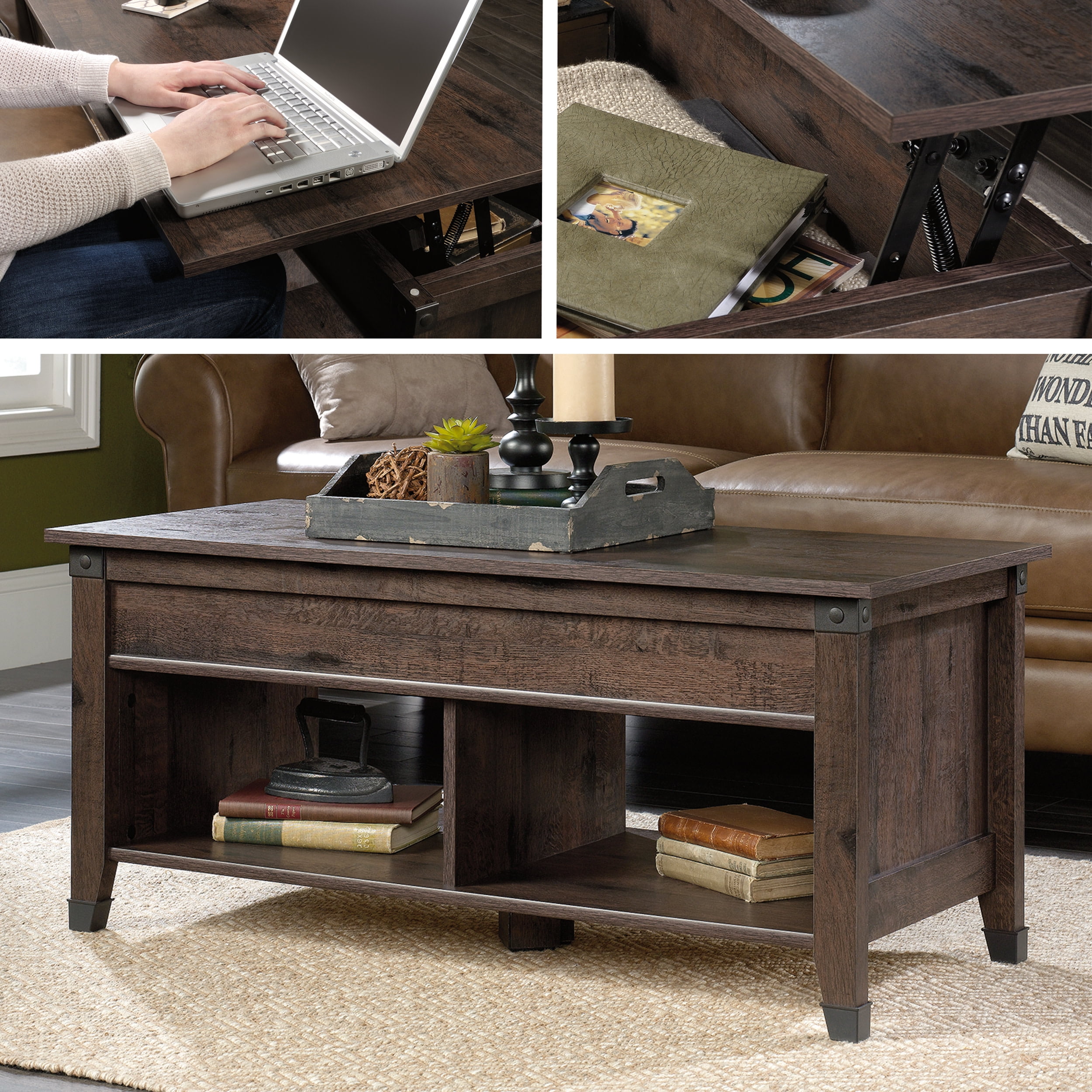 Rustic Coffee Oak Wood and Metal Lift-Top Storage Coffee Table