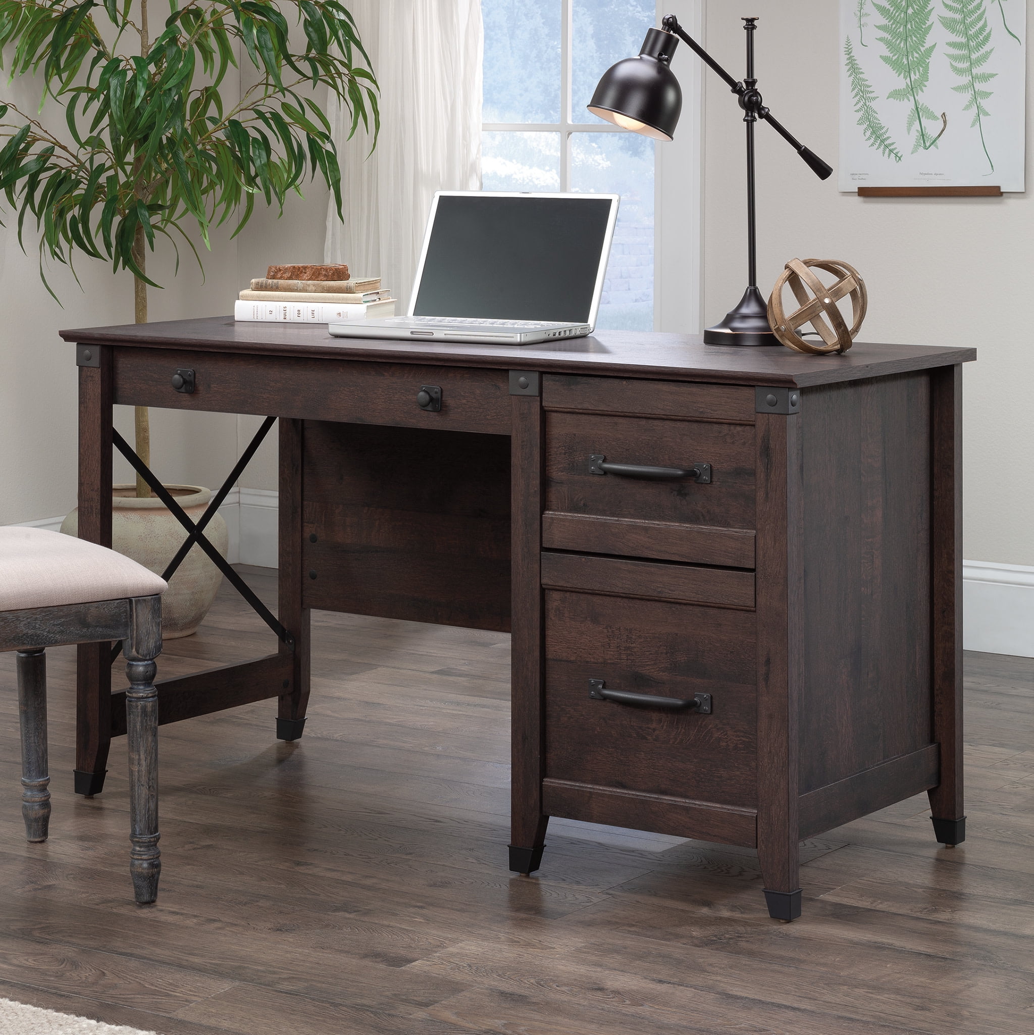 Rustic Coffee Oak Desk with Drawers and Filing Cabinet