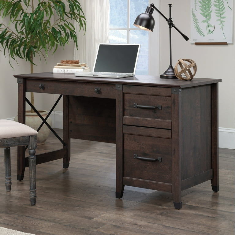 Sauder Carson Forge Single Pedestal Desk with Drawers, Coffee Oak