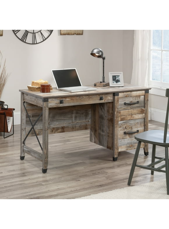 Sauder Carson Forge Single Pedestal Desk with Drawers, Rustic Cedar Finish