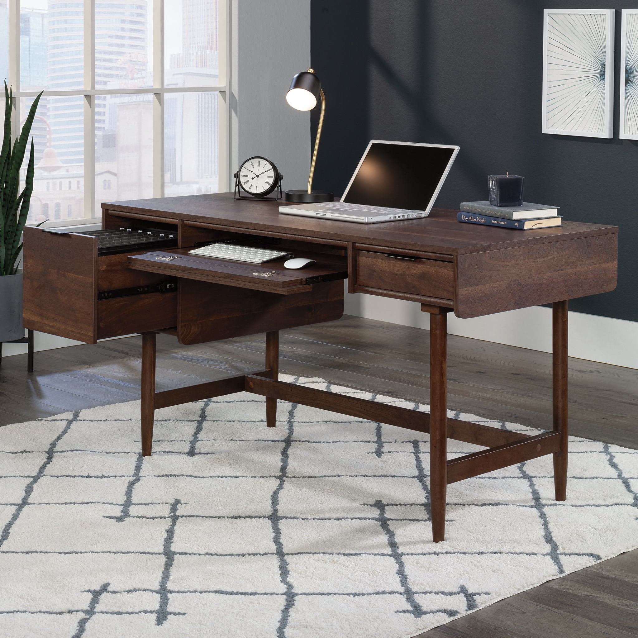 Grand Walnut Mid-Century Modern Desk with Drawer and Keyboard Tray