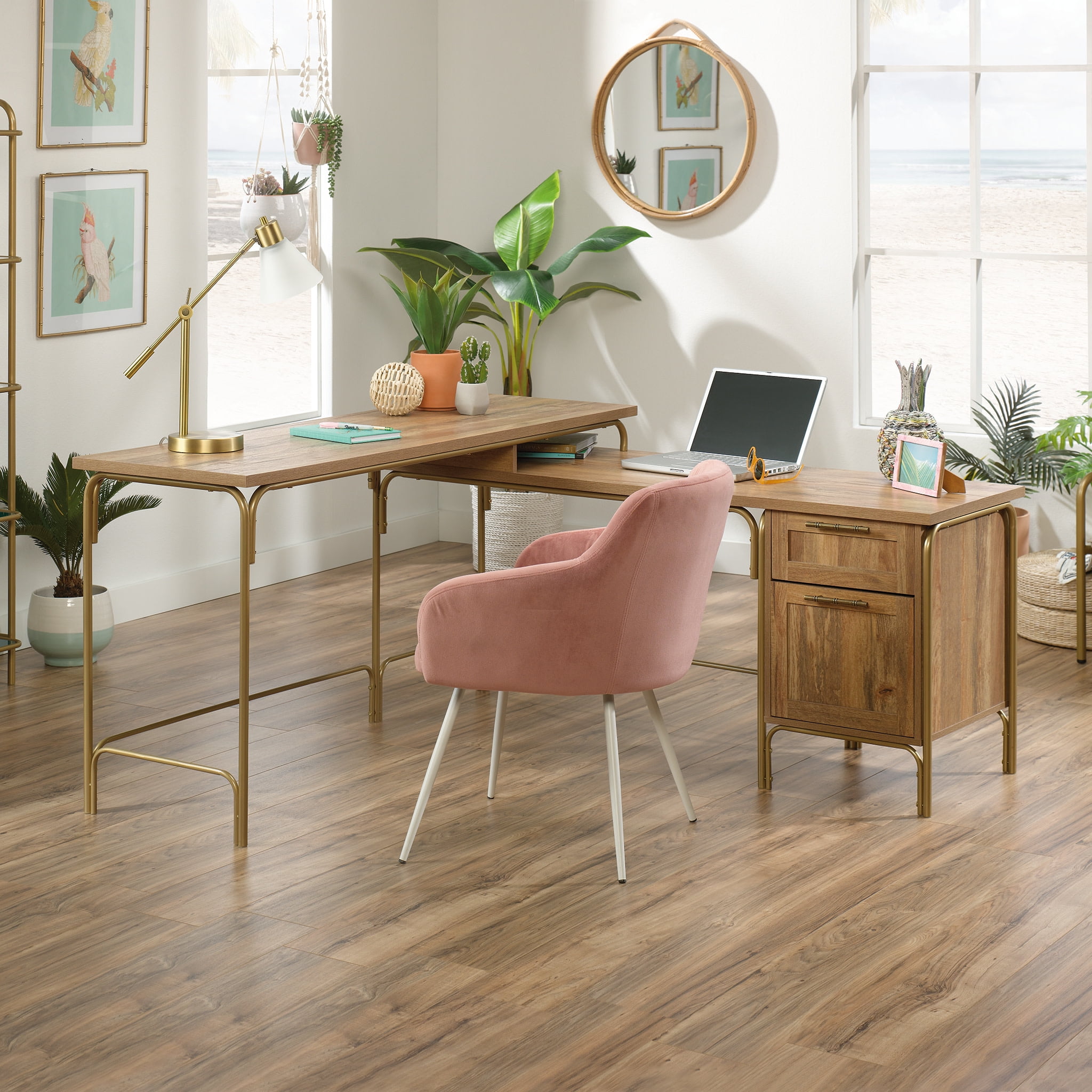 Sindoori Mango L-Shaped Wood Desk with Gold Frame