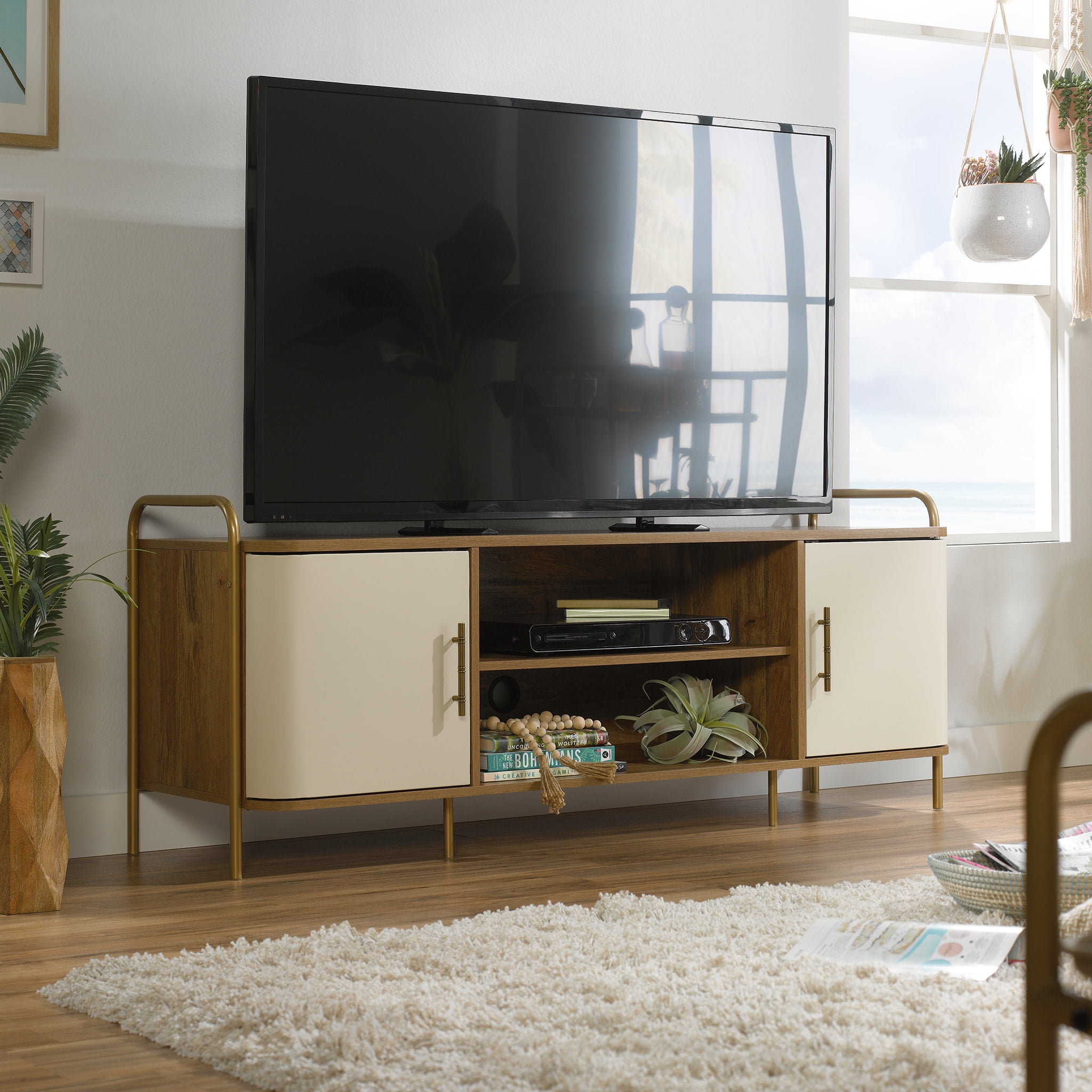 Sindoori Mango and Ivory Mid-Century Modern TV Stand with Cabinet