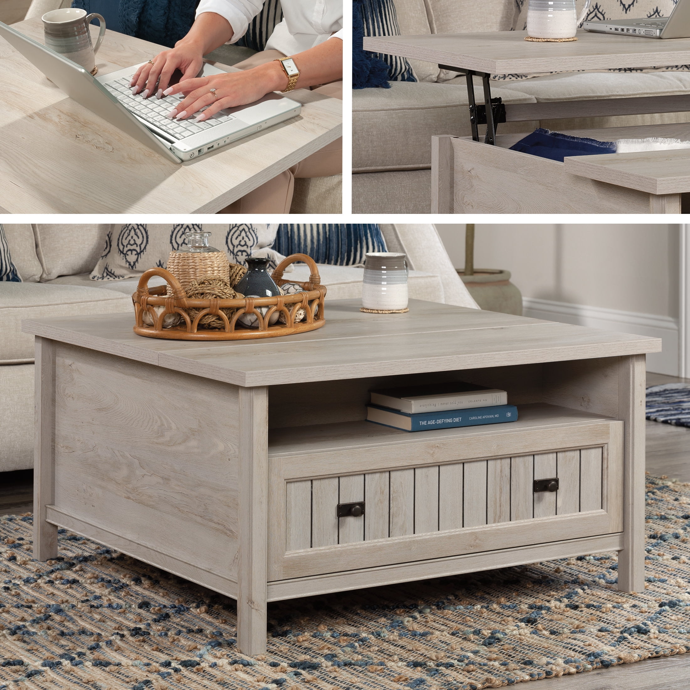 Sauder Costa Lift-Top Coffee Table with Storage Shelf, Chalked