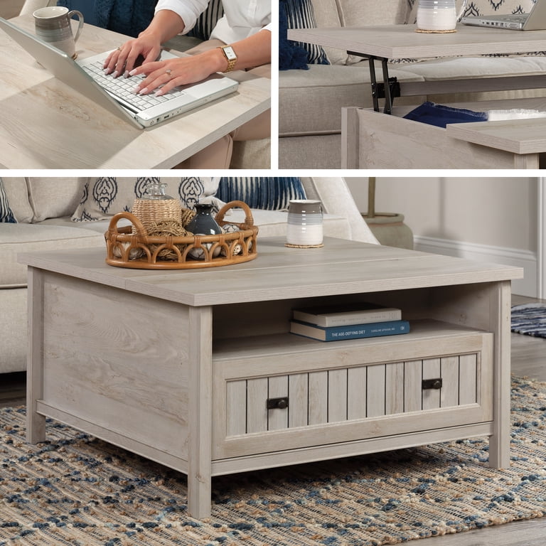 Sauder Costa Lift-Top Coffee Table with Storage Shelf, Chalked