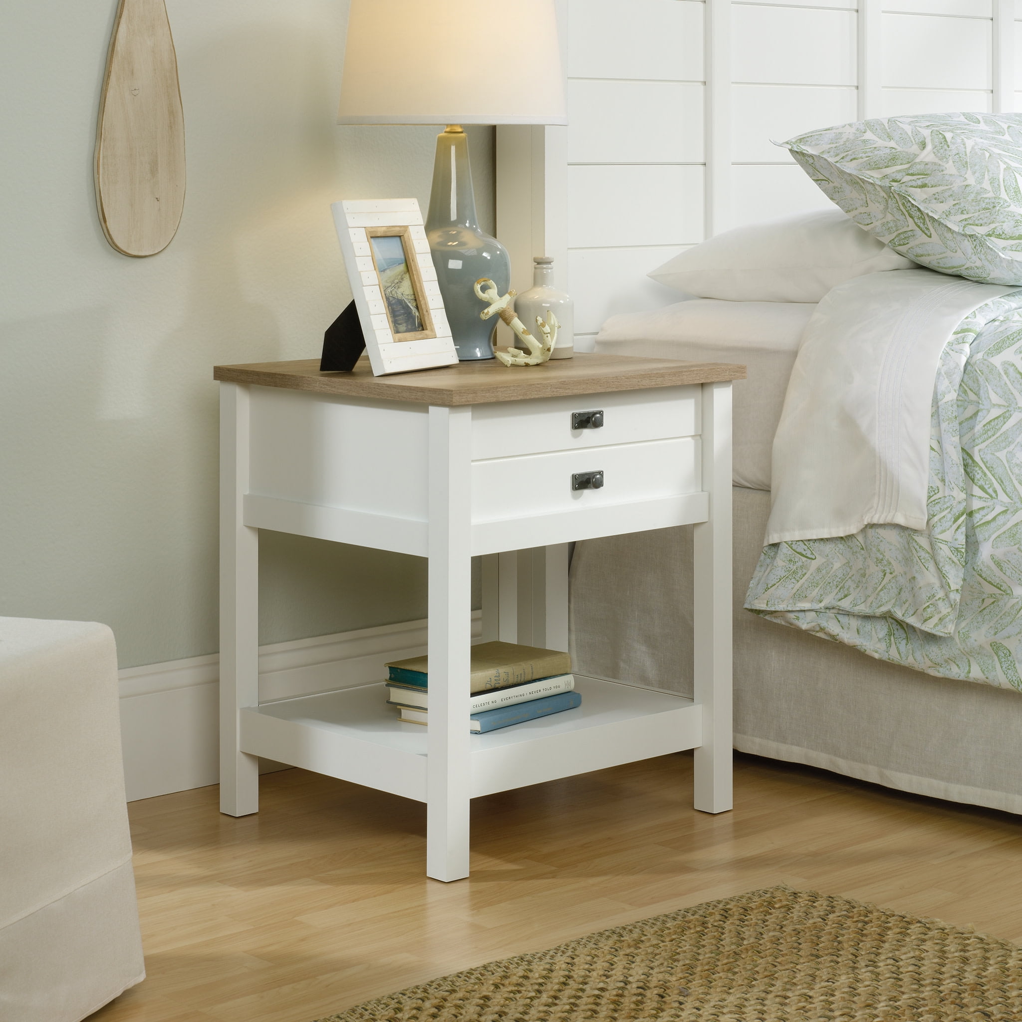 Cottage Road Soft White Nightstand with Lintel Oak Accent