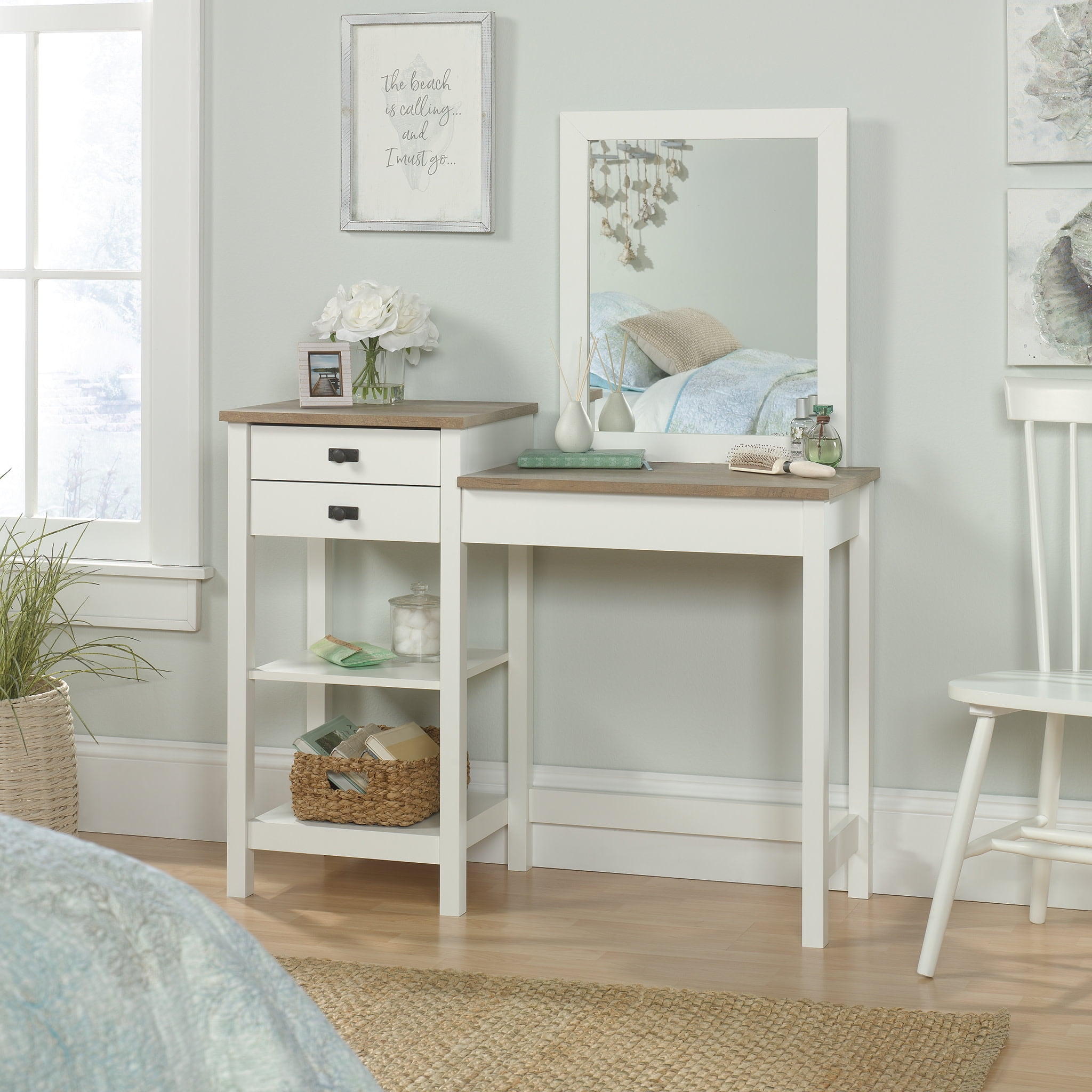 Soft White and Lintel Oak Bedroom Vanity with Mirror