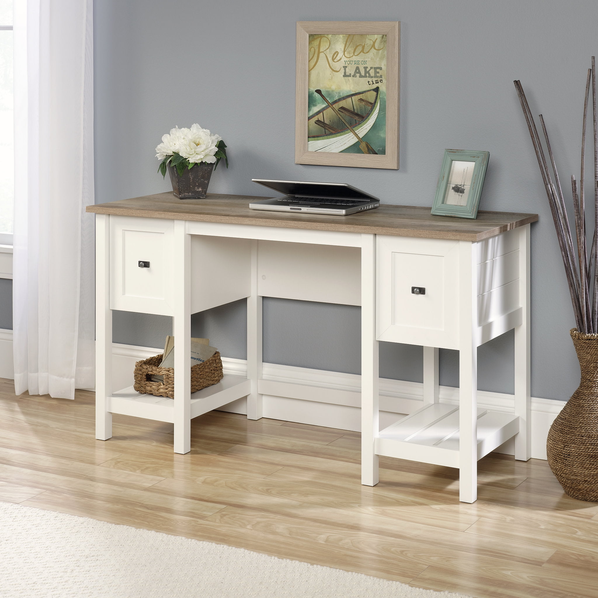 Cottage Road Soft White Wooden Double Pedestal Desk with Nickel Hardware
