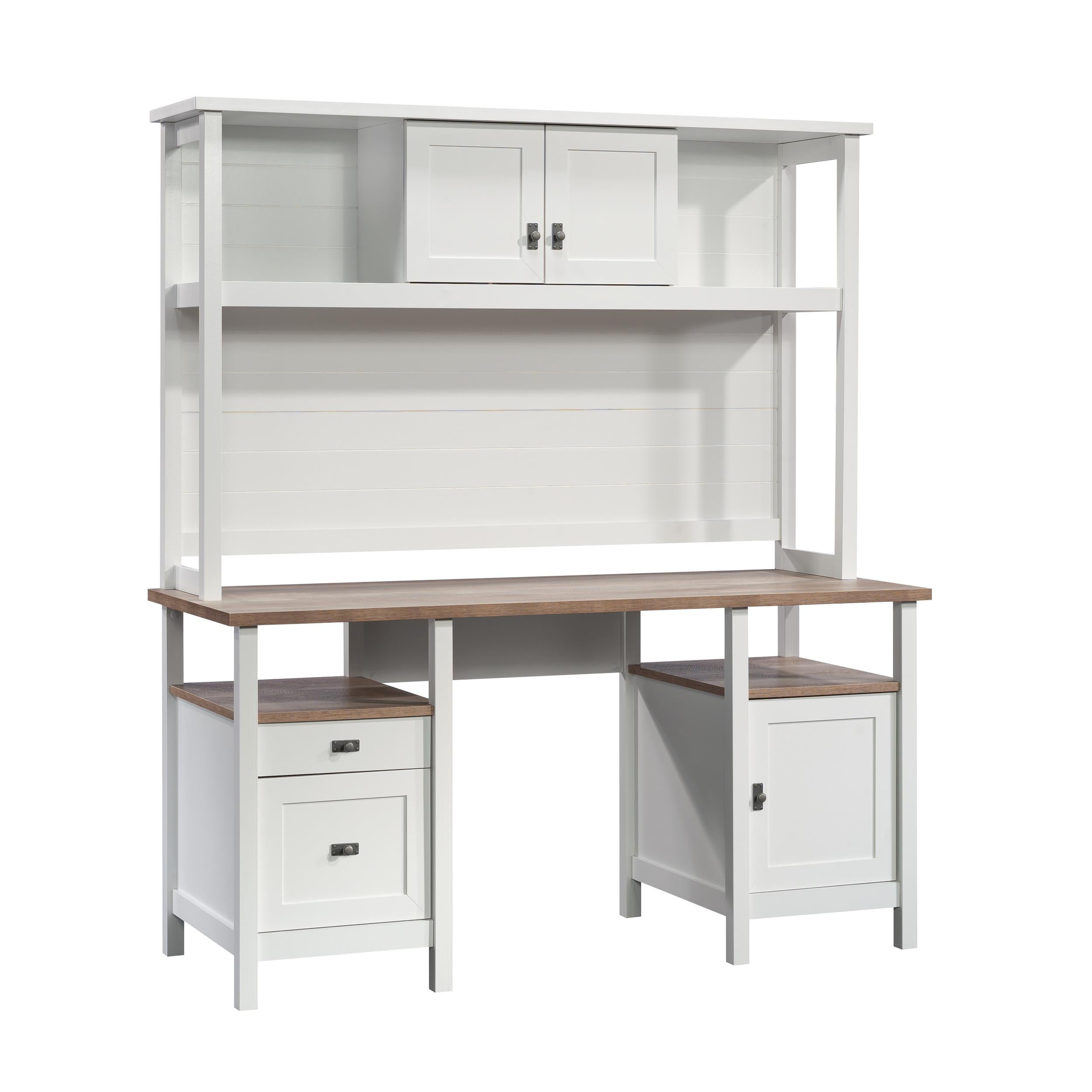 White Executive Wood Desk with Hutch and Drawers