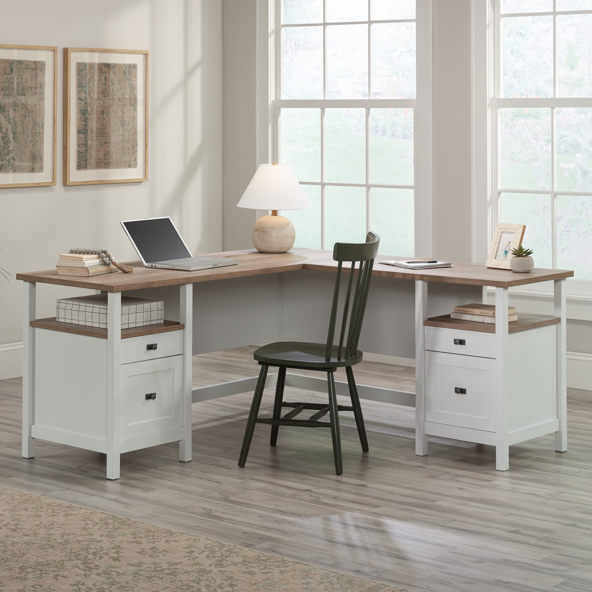 Cottage Road Coastal White Wood L-Shaped Desk with Black Hardware