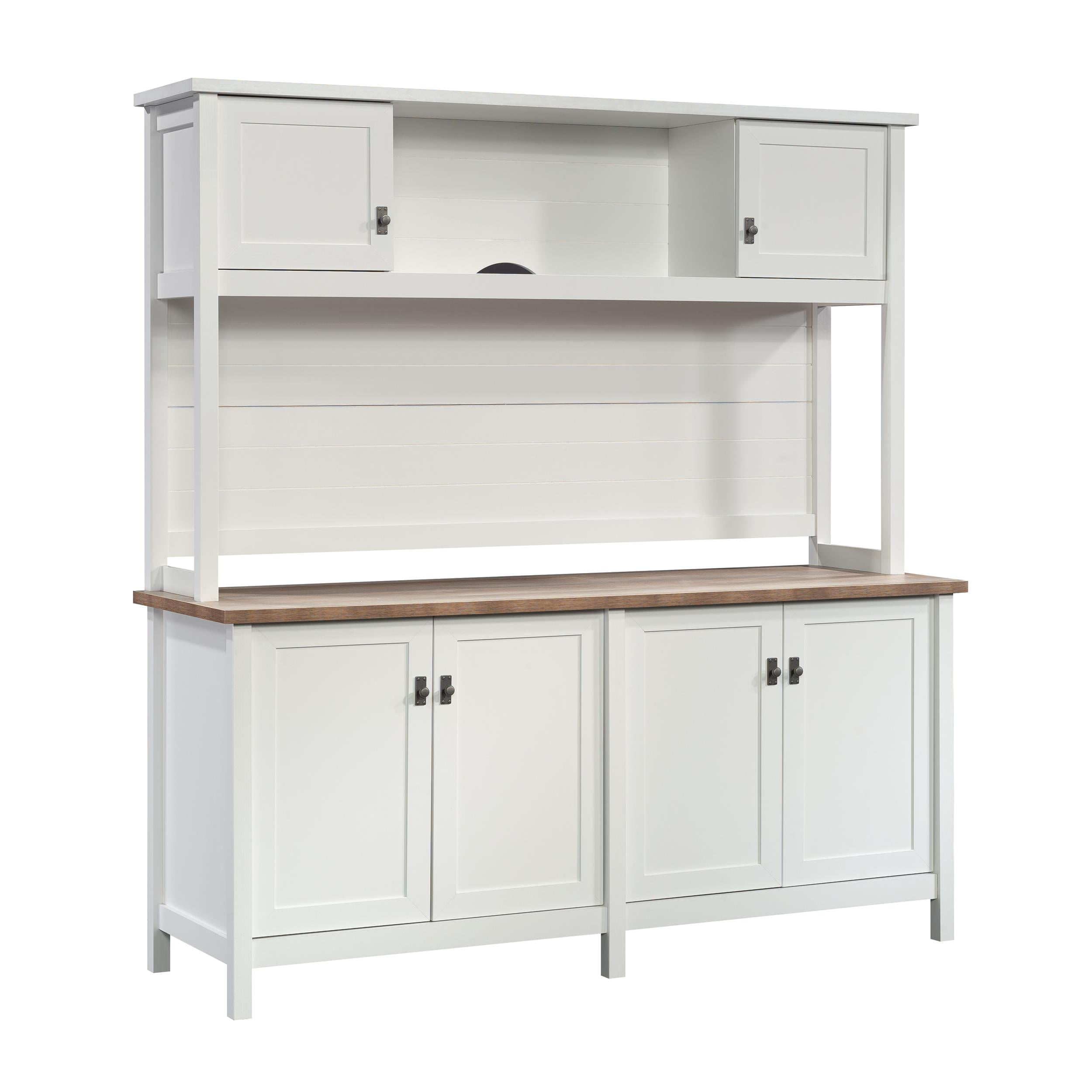 White and Oak Engineered Wood Credenza with Hutch