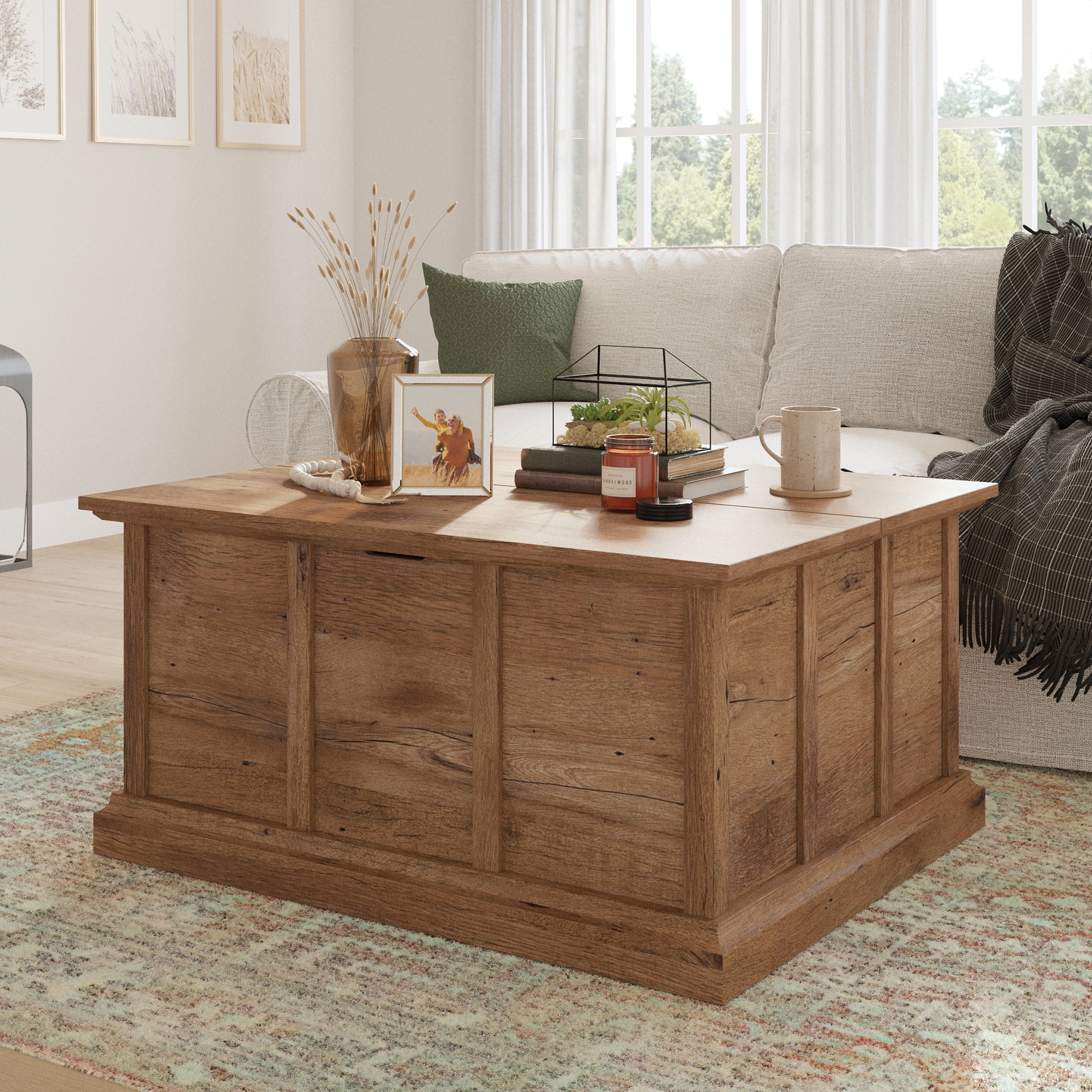 Vintage Oak Square Lift-Top Coffee Table with Storage