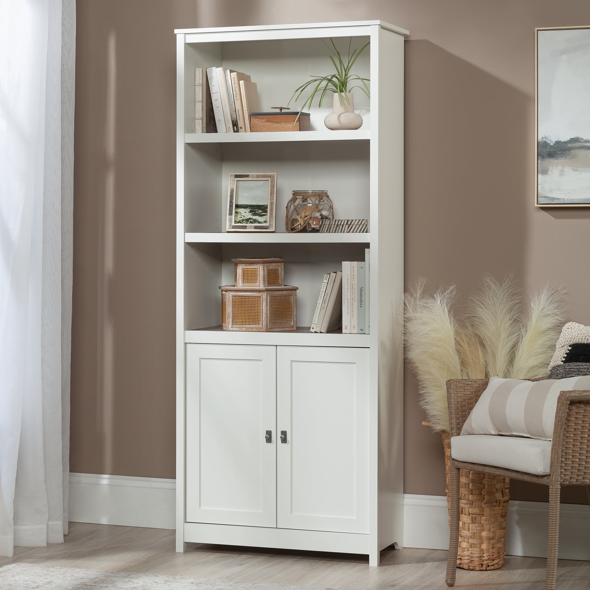 Sauder Cottage Road Library Bookshelf with Doors, Soft White Finish ...