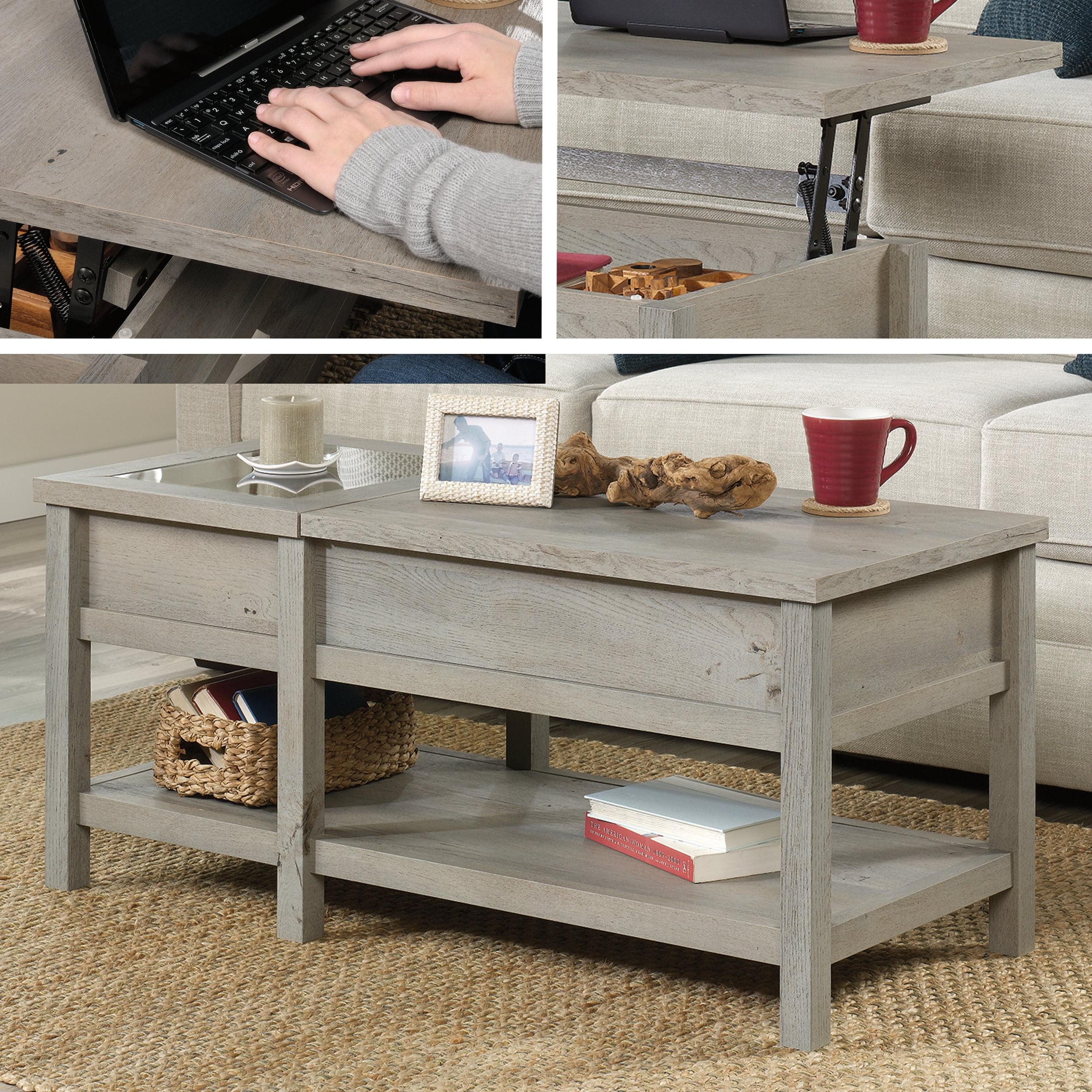 Mystic Oak Coastal-Inspired Rectangular Lift-Top Coffee Table with Storage