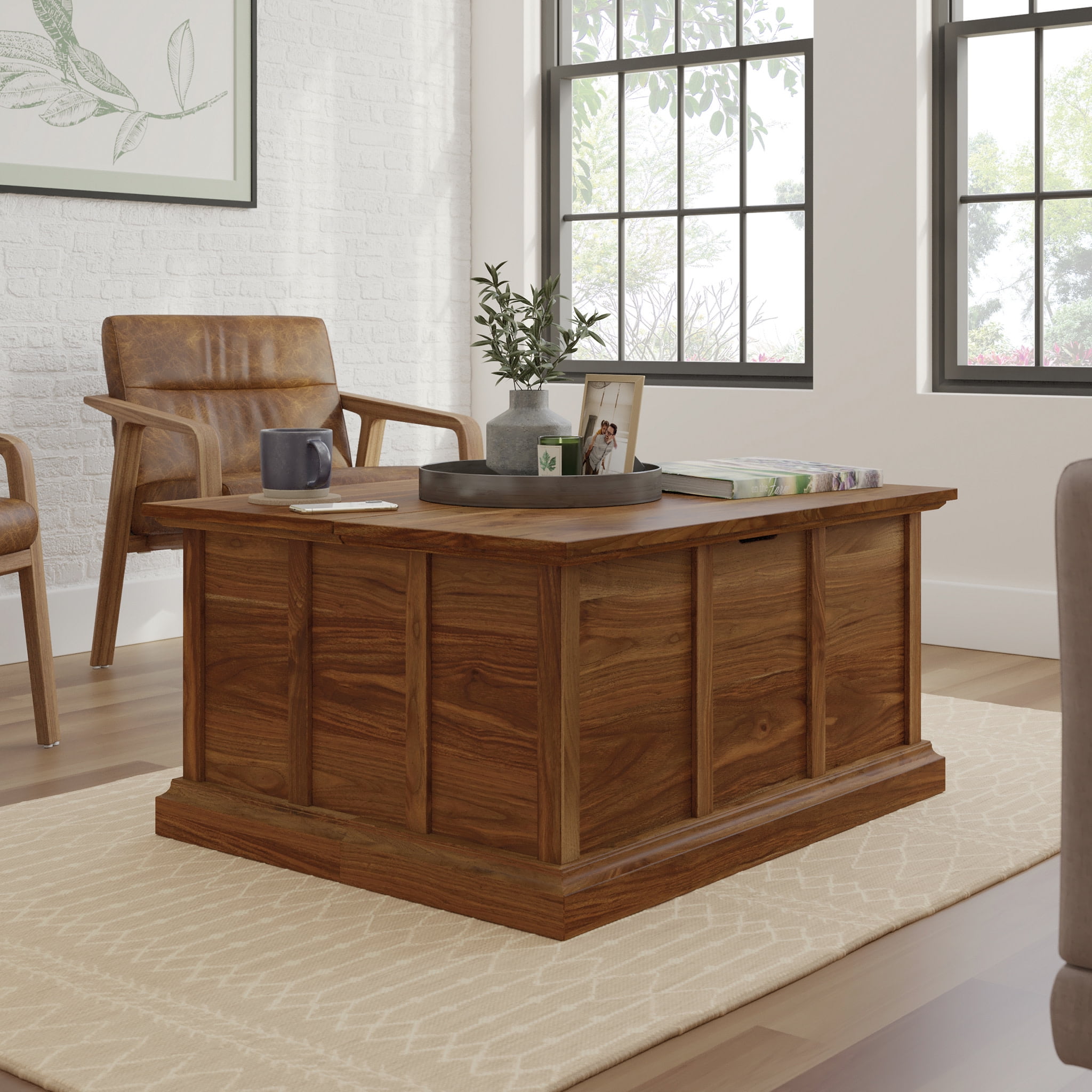 Grand Walnut Lift-Top Storage Coffee Table with Metal Accents