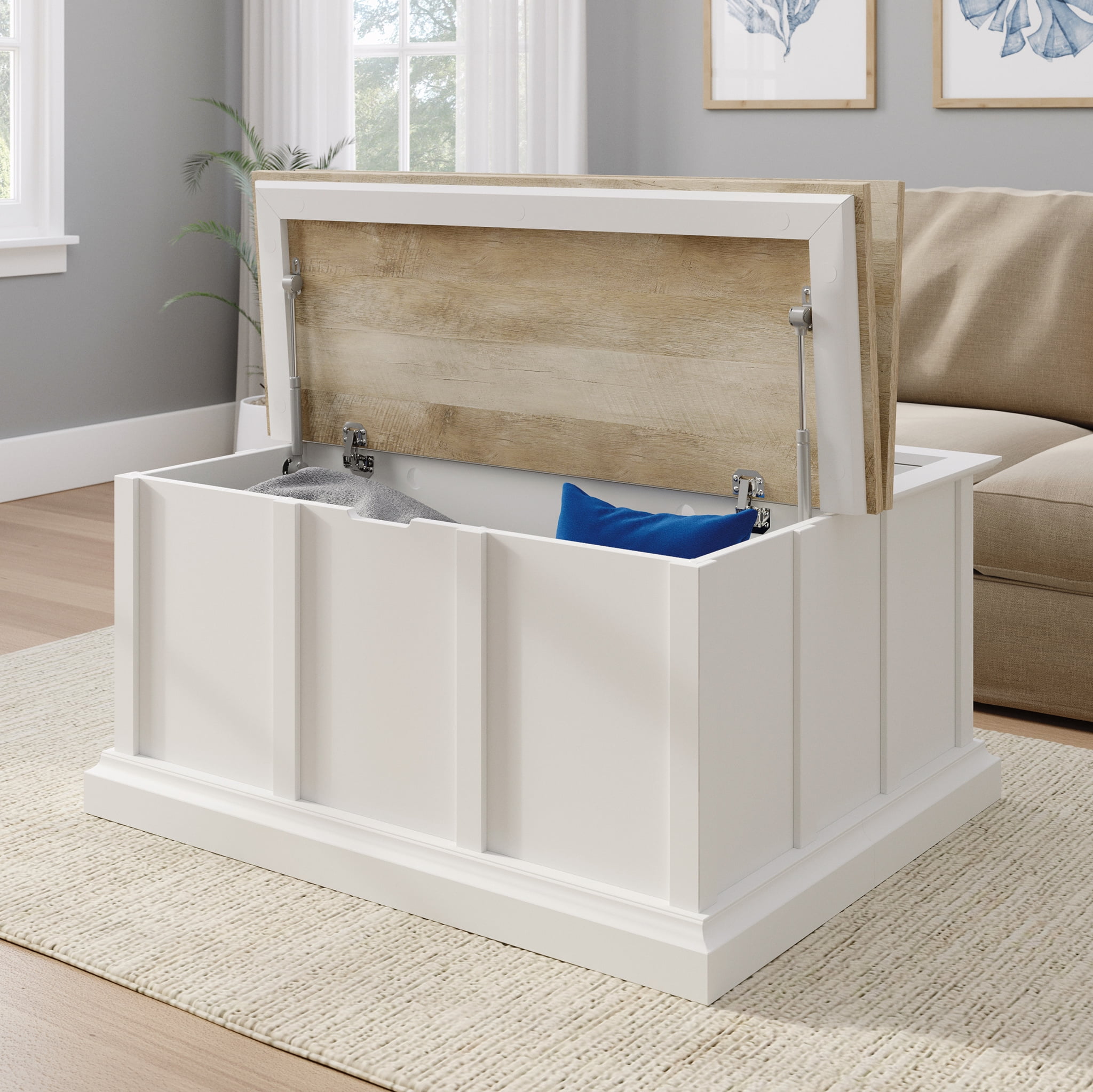 White and Oak Lift-Top Storage Coffee Table with Metal Accents