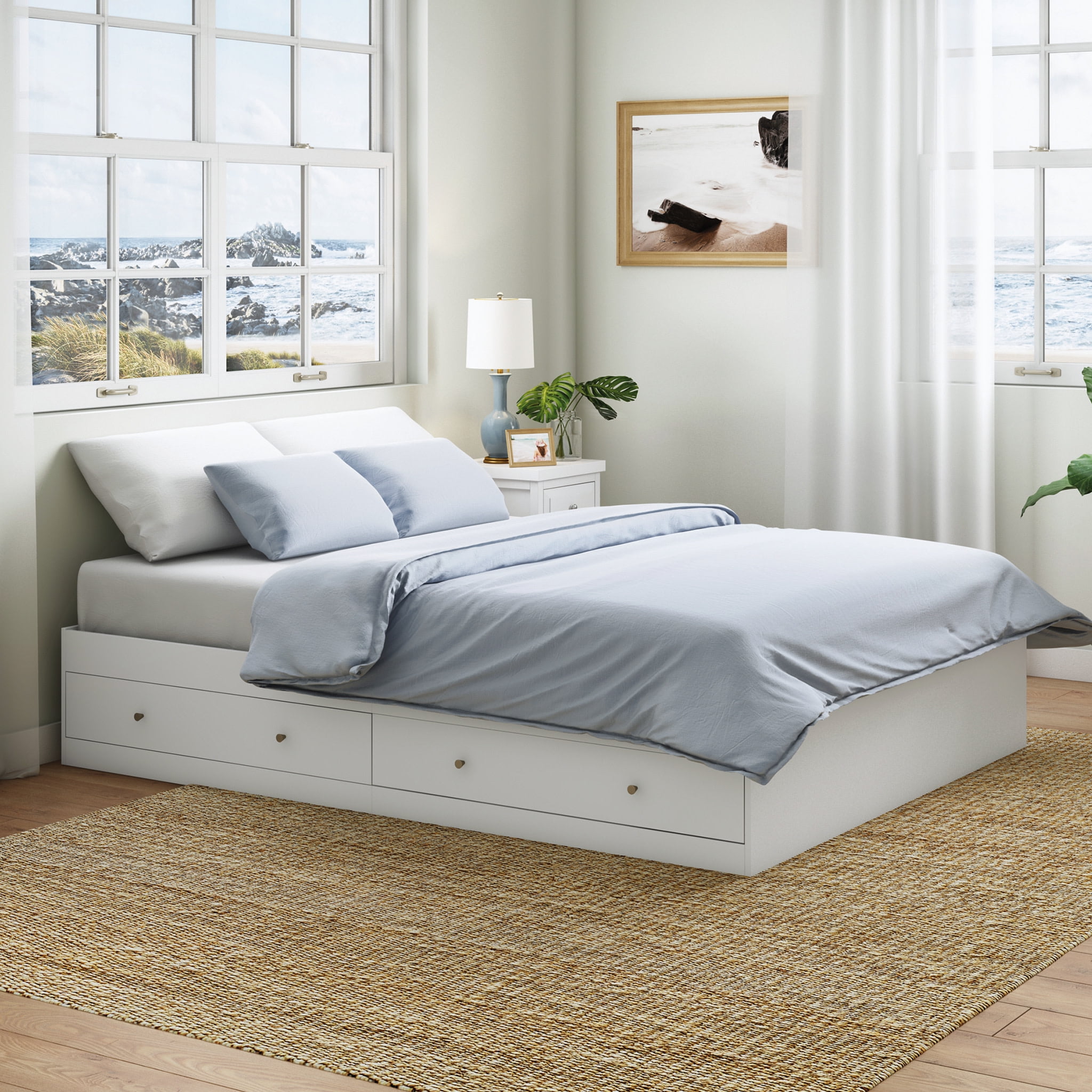 White Queen Platform Bed with 2 Storage Drawers