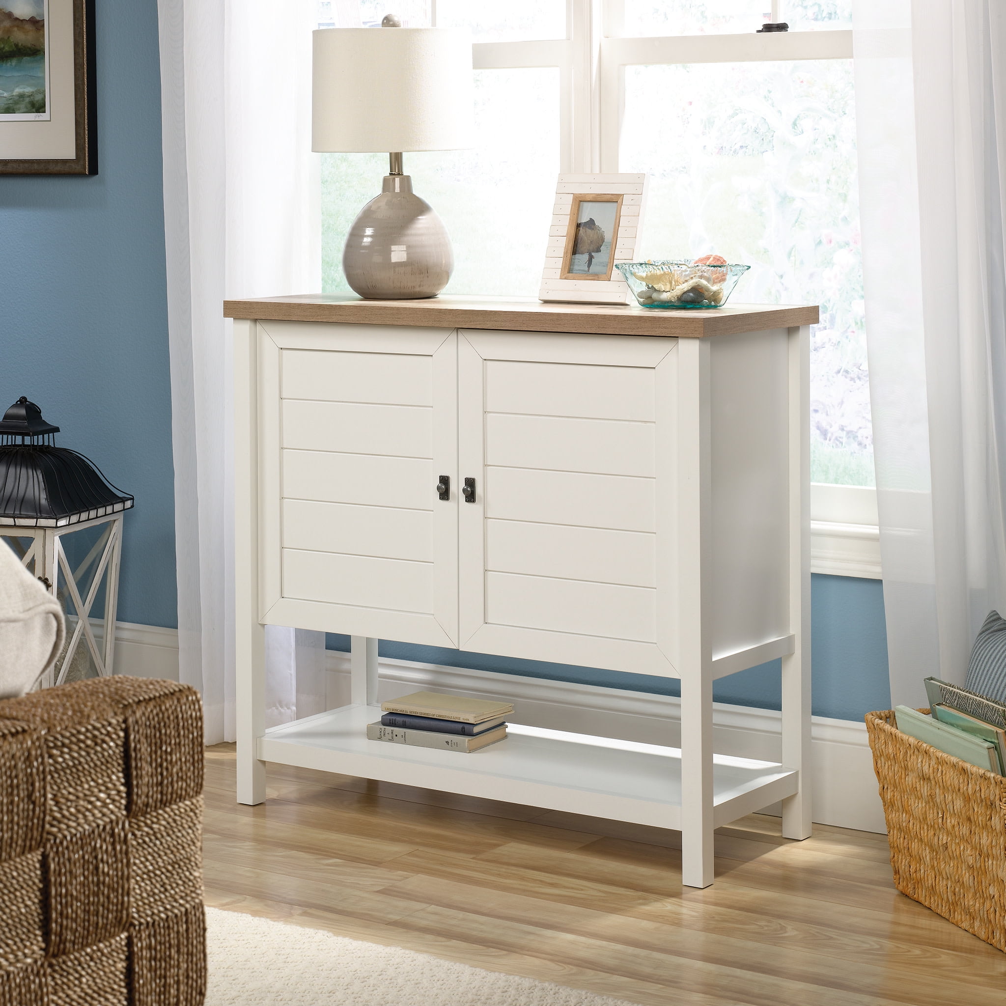 Cottage Charm 39" Freestanding White and Lintel Oak Storage Unit