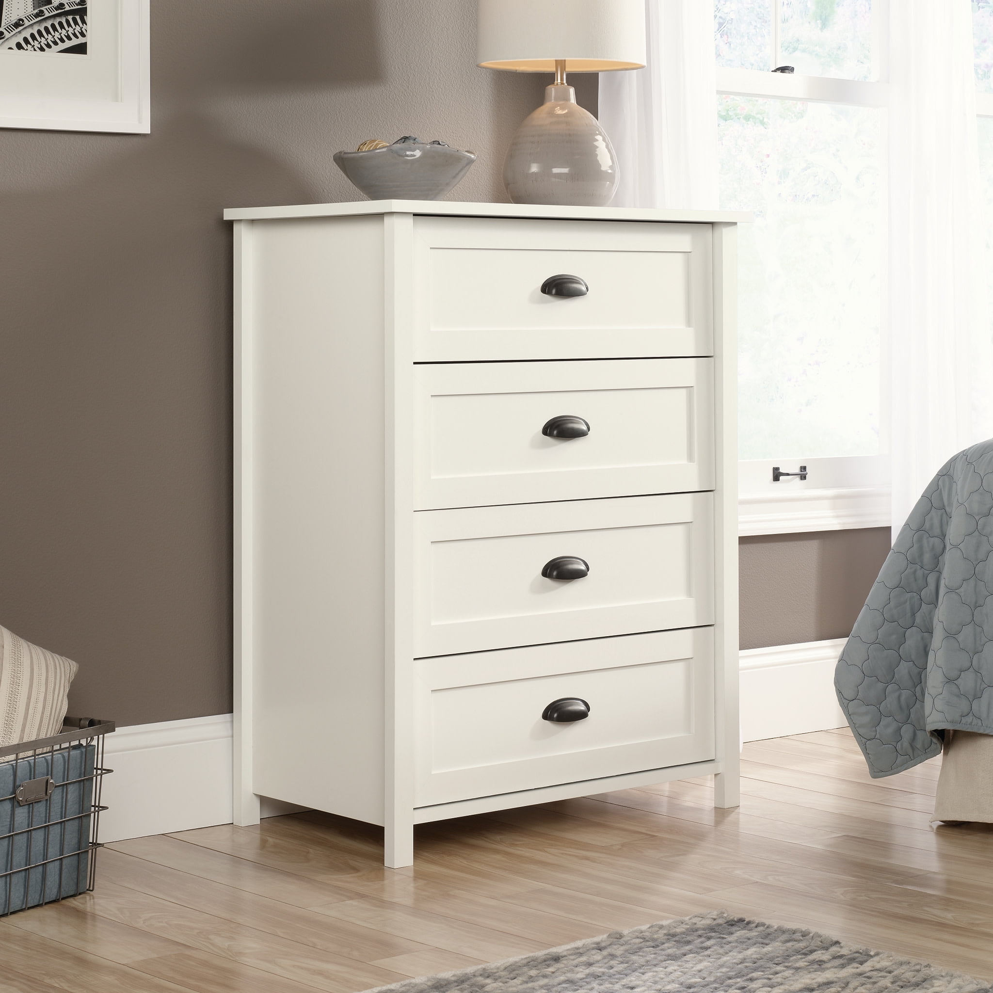 Soft White 4-Drawer Chest with Metal Hardware