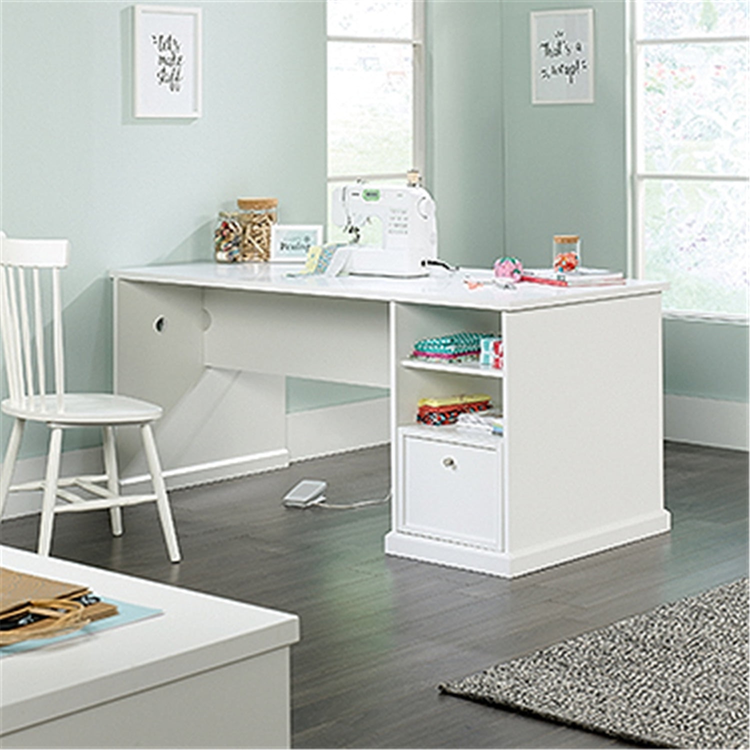White Melamine Craft Table with Storage and Power Outlet