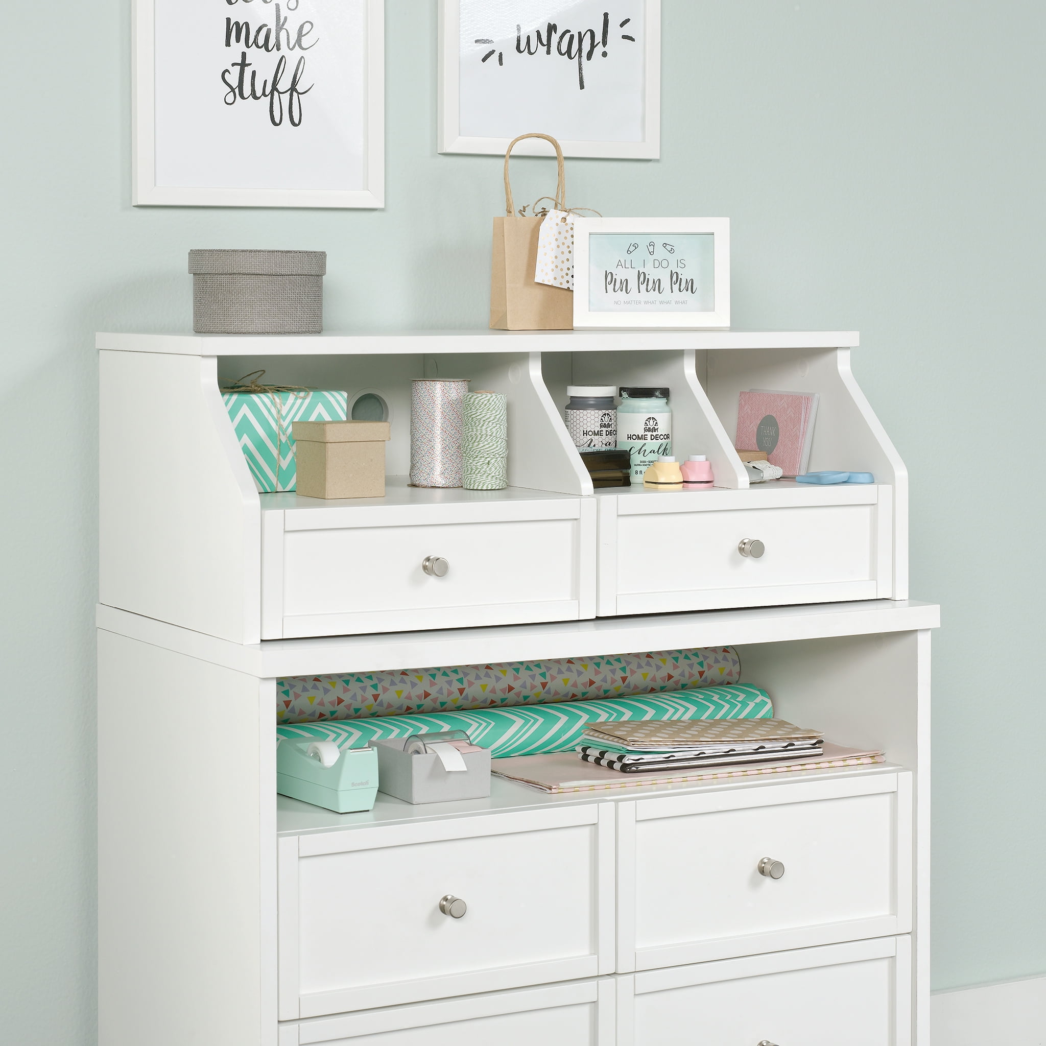 White Engineered Wood 2-Drawer Craft Organizer Hutch
