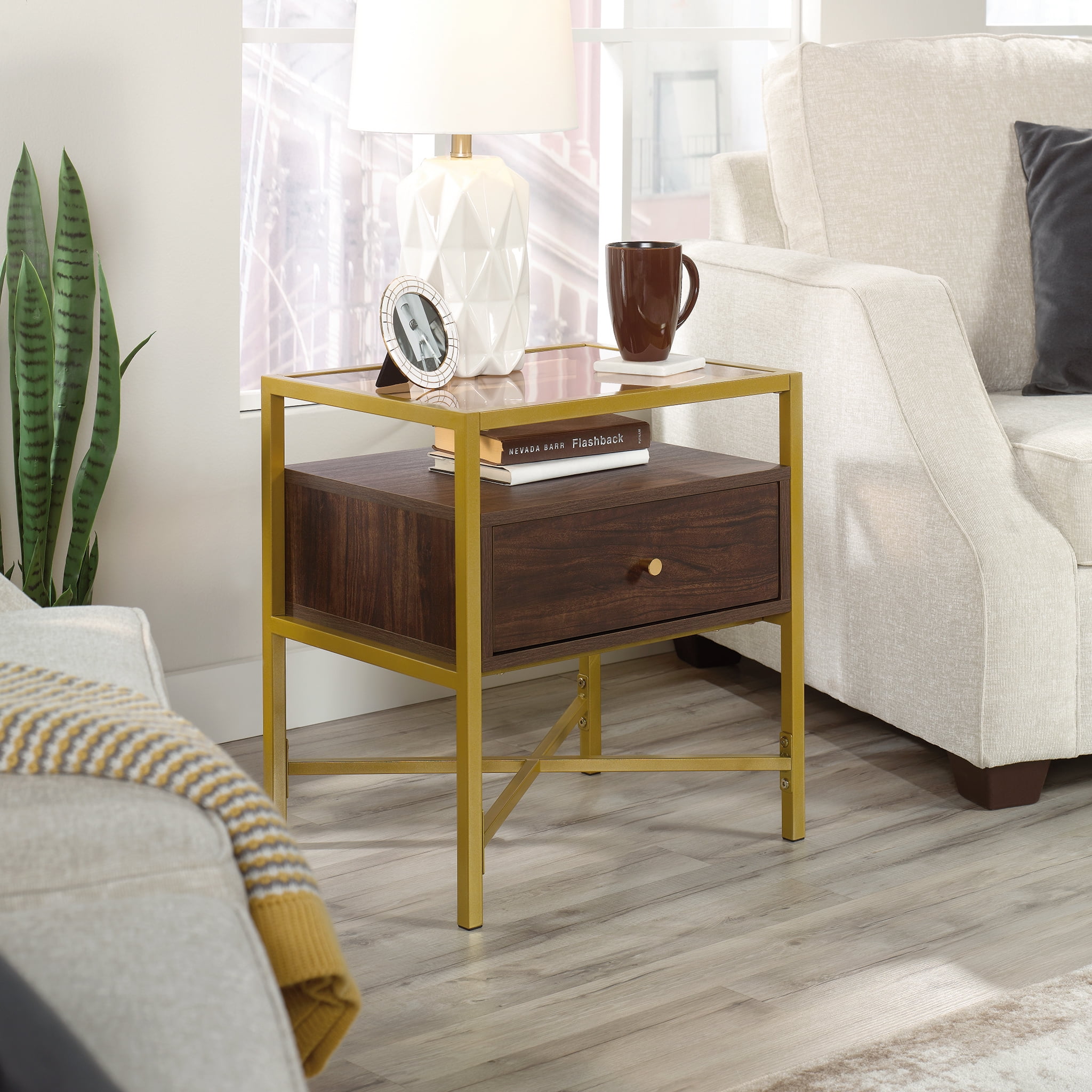 Sauder Curiod 1 Drawer Glass Top Gold Metal Rectangular End Table