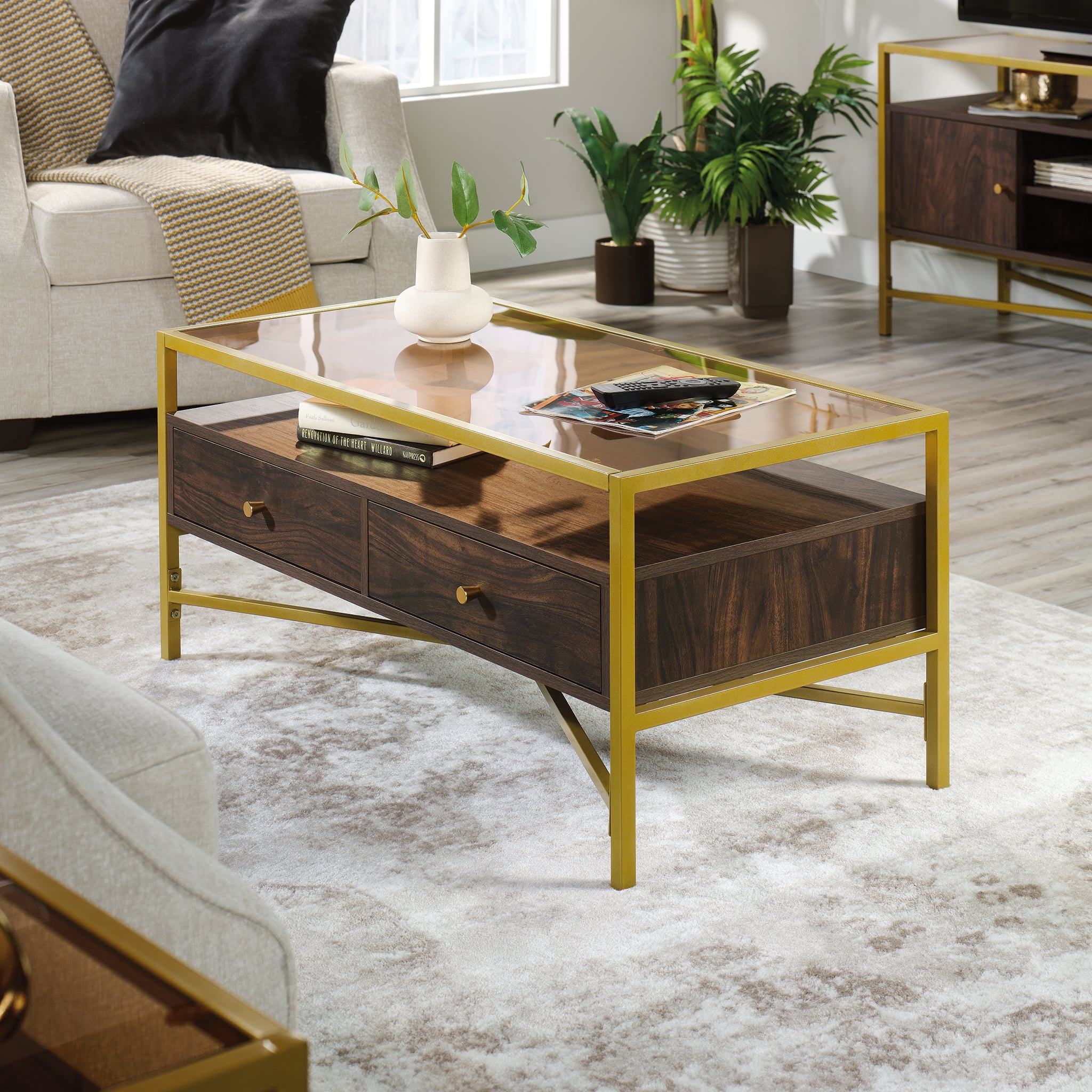 Sauder Curiod Glass Top Gold Metal Rectangular Coffee Table with