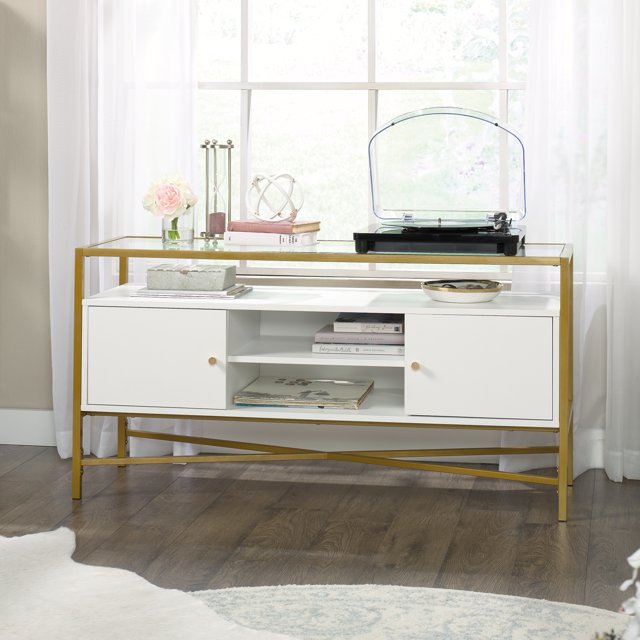 Sauder Curiod Glass Top Gold Metal TV Stand Credenza, for TVs up to 55", White Finish