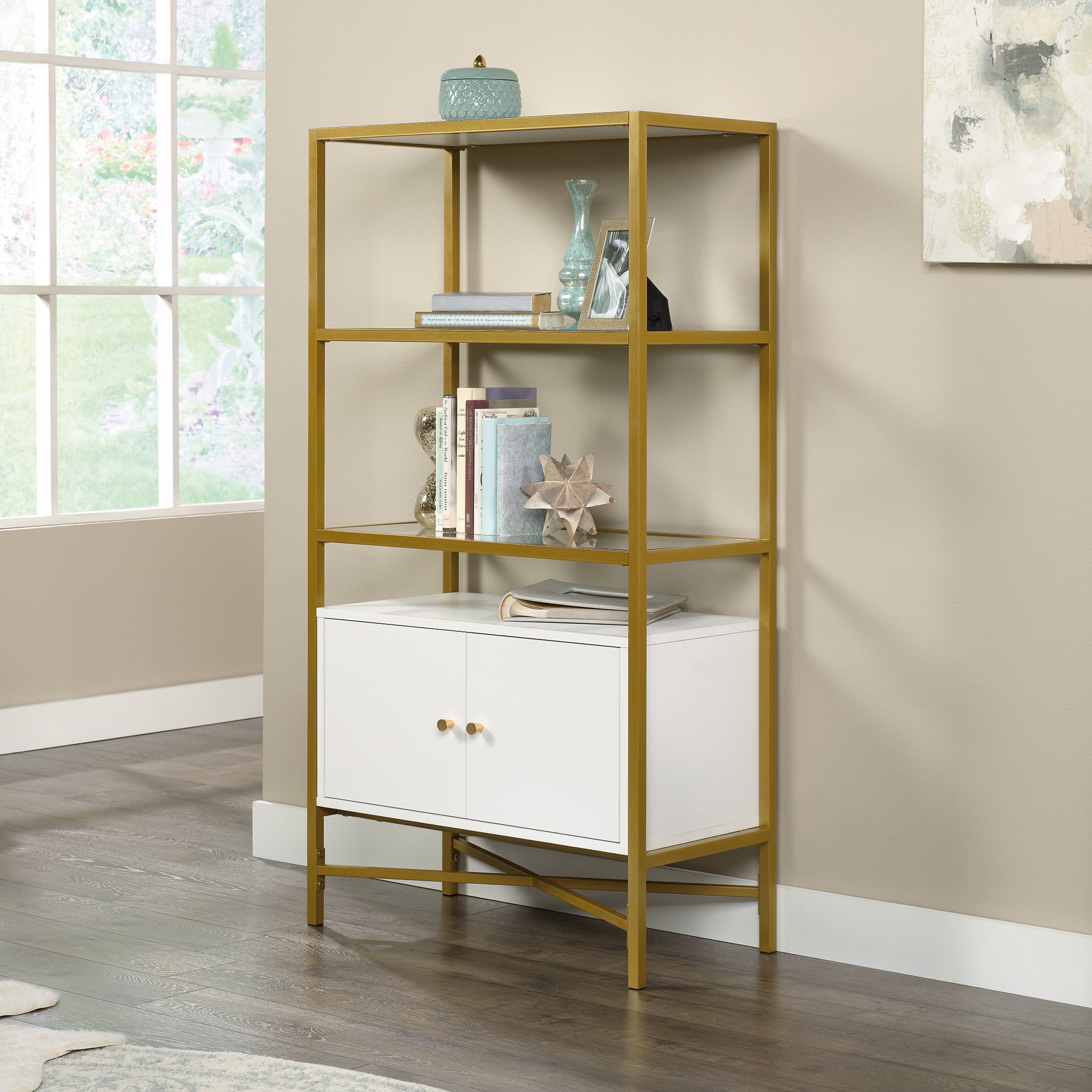 Sauder Curiod Gold Metal Bookcase with 3 Glass Shelves and Storage